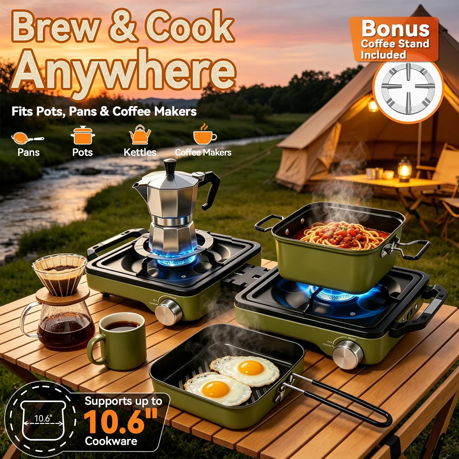2 Burner Portable Propane Camping Stove Kit, 24000 BTU Foldable Hiking Stove with Frying Pan, Pot, Windshield & Carry
