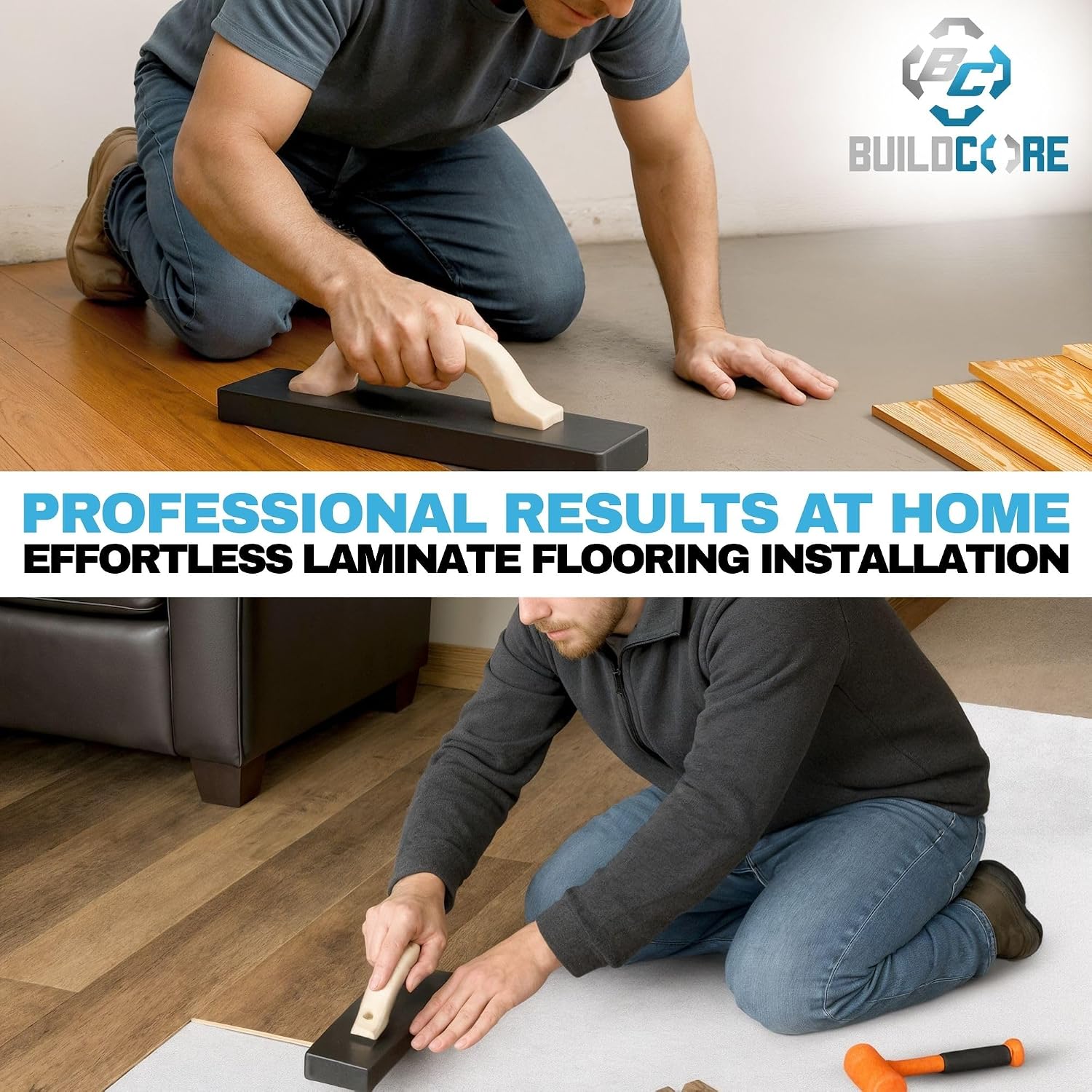 Professional Tapping Block for Laminate & Vinyl Plank Flooring Installation - Heavy Duty Wood Handle Tool for LVP