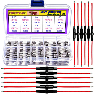 QBGTFAK 12pcs 5x20 mm Fuse Holder Inline Screw Type with 16 AWG Red Wire + 10 Values 110 Pcs 5x20mm Fast Blow Glass Fuses 250 V 0.2A, 1A, 2A, 3A, 5A, 6A, 8A, 10A,15A,20A, Assortment Kit