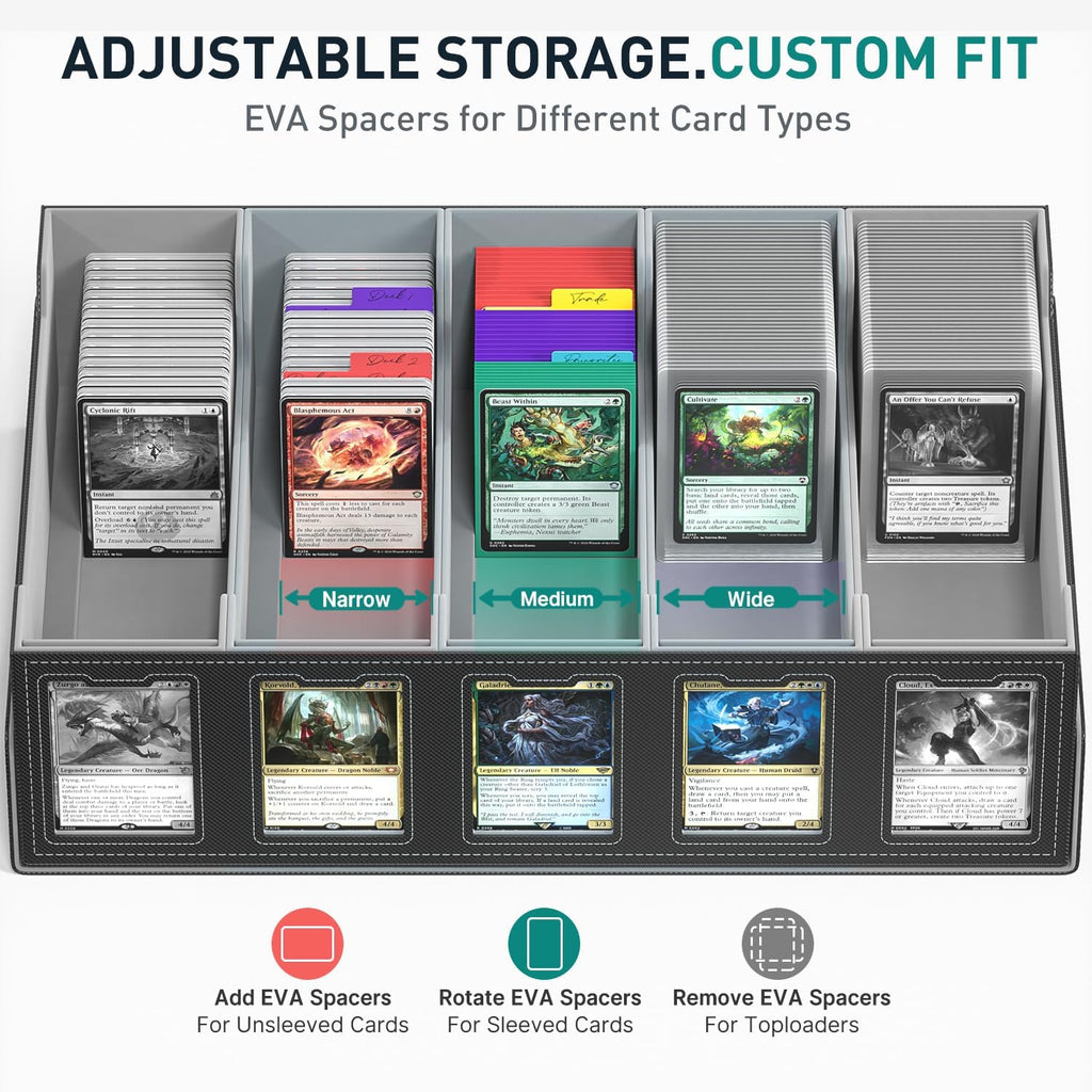 Trading Card Storage Box with Commander Display Holds 4200+ Cards | Dual-Function Magnetic Lid, Adjustable Storage