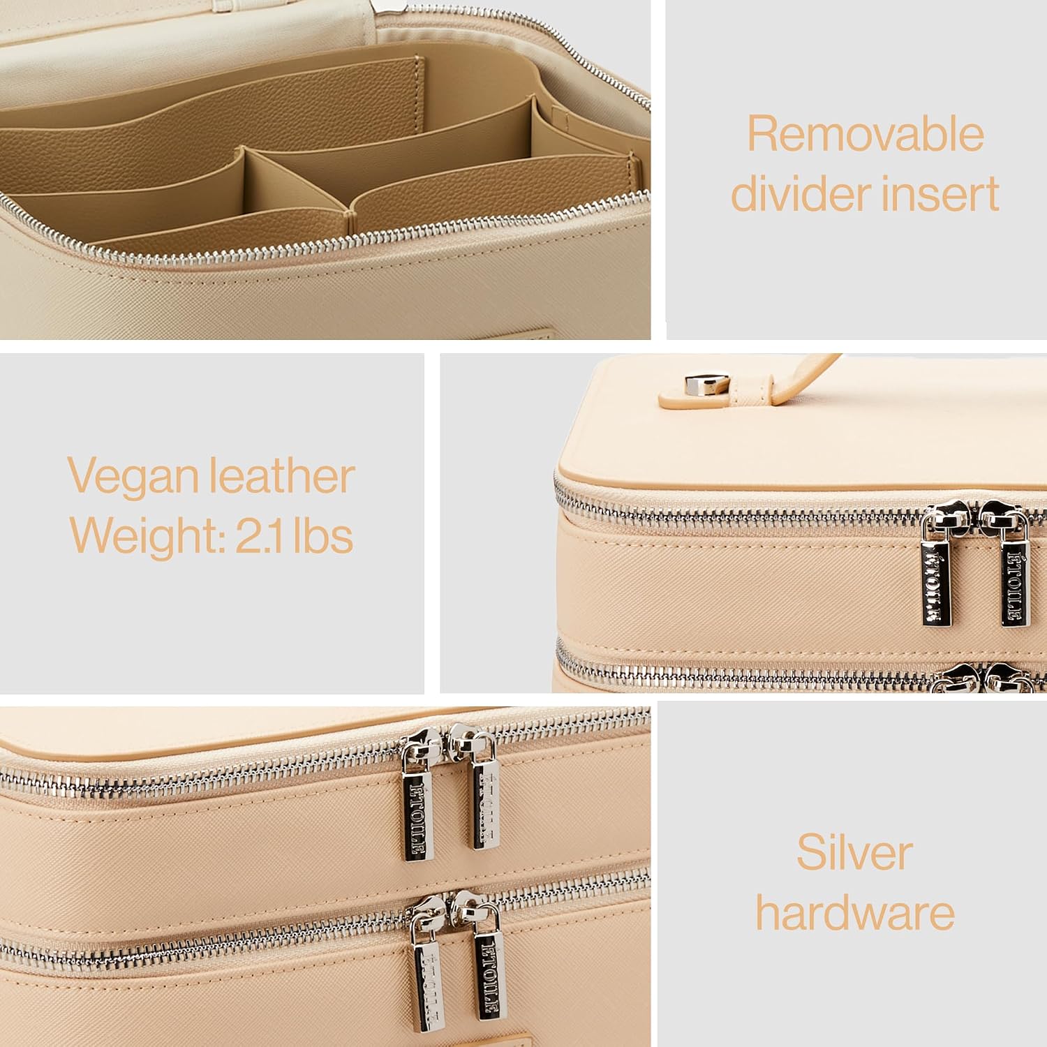 Duo Vanity Case Beige - Large Functional Travel Makeup Bag Organizer with Removable Divider & Mirror