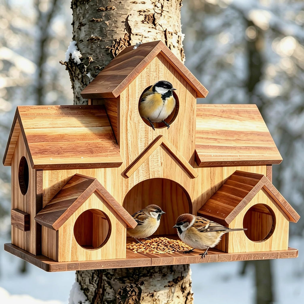 Bird House for Outside, 5-Hole Outdoor Wooden Birdhouse for Chickadee Bluebird Finch Wren Hummingbird, Weatherproof