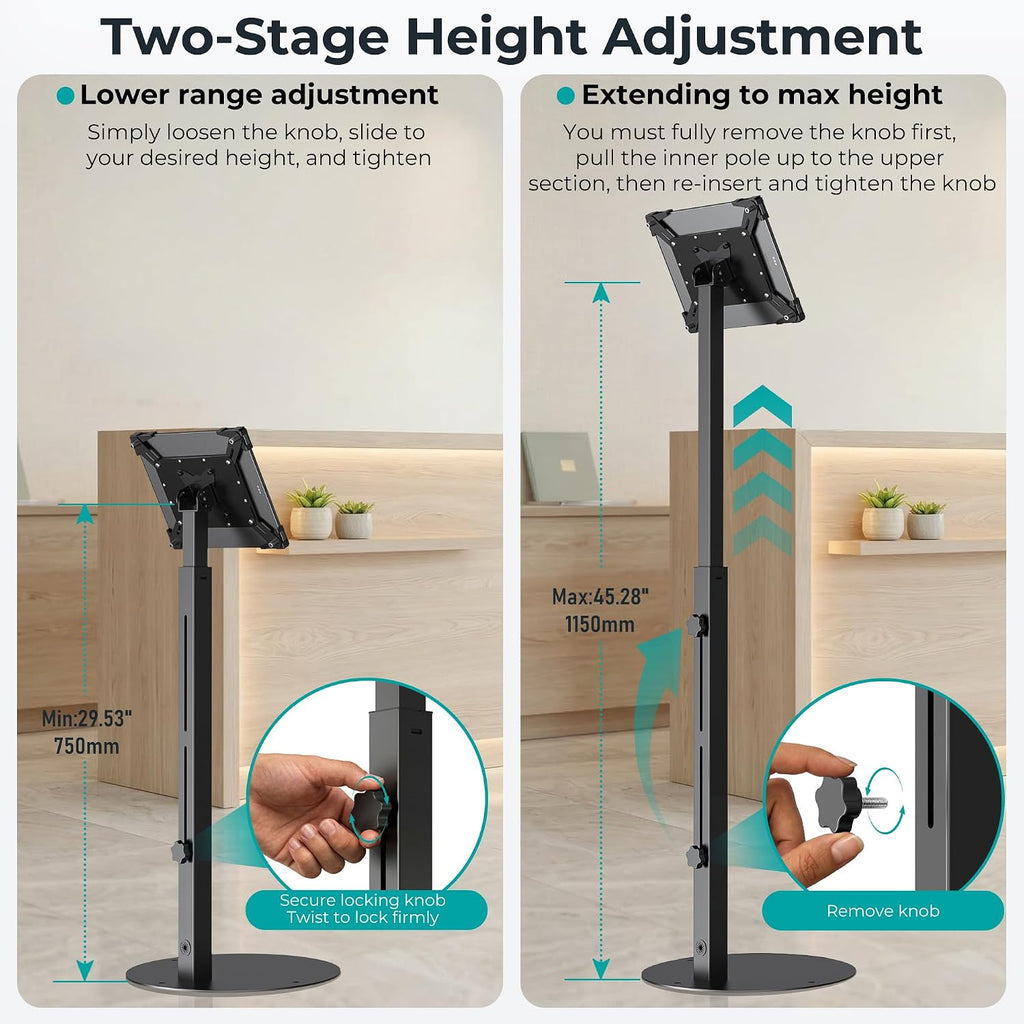 Anti-Theft iPad Kiosk Stand, Adjustable Tablet Floor Stand for POS Checkout | Security Display Mount for Business