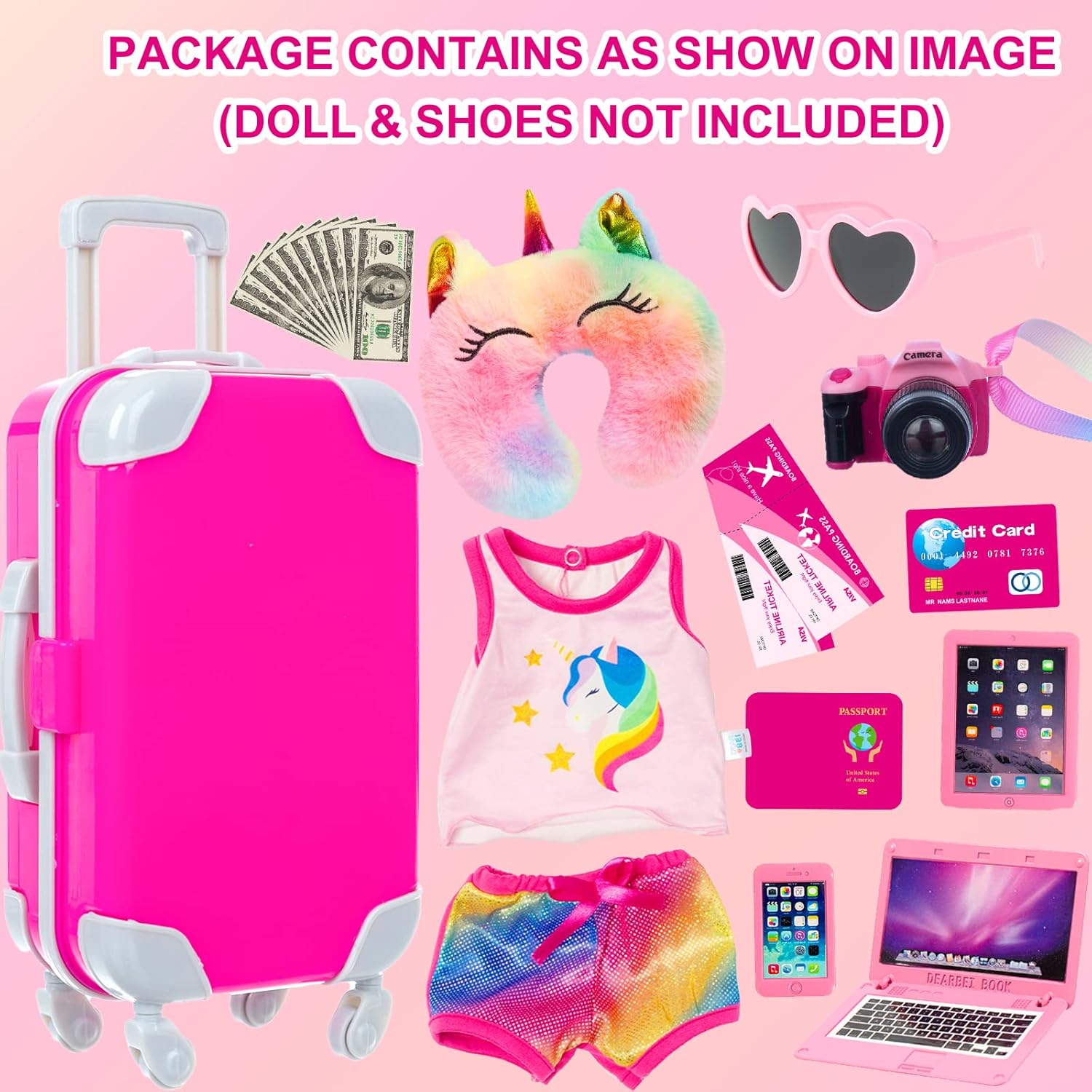 23 Pcs American 18 inch Doll Clothes and Accessories - Suitcase Luggage , Pillow, Sunglasses, Camera, Passport