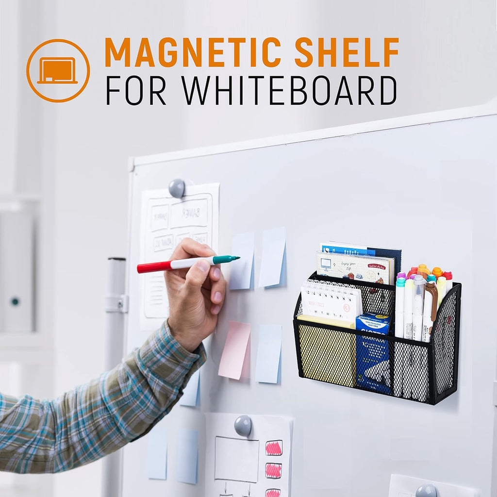 3-Grid Magnetic Pencil Holder, Strong Magnet Locker Organizer, Black | Mesh Magnetic Shelf, Marker Holder Perfect for
