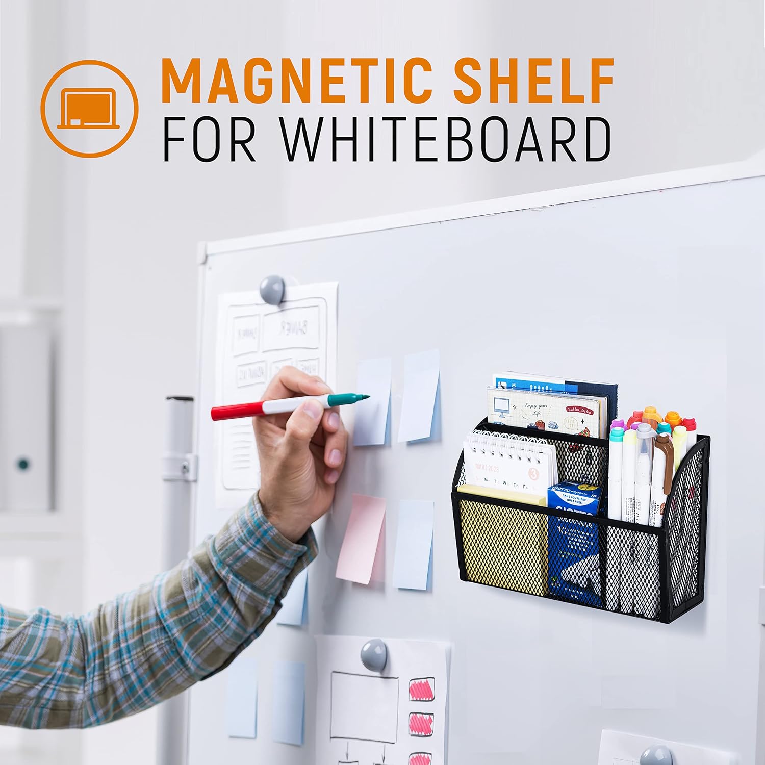 3-Grid Magnetic Pencil Holder, Strong Magnet Locker Organizer, Black | Mesh Magnetic Shelf, Marker Holder Perfect for