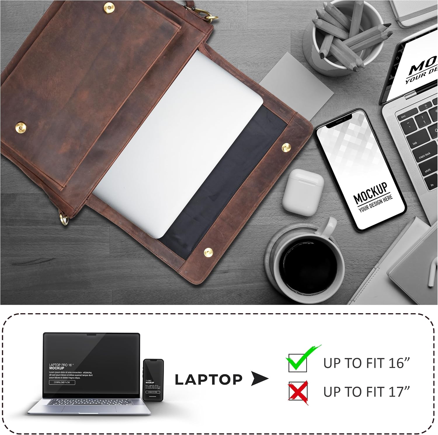 Leather Messenger Bag for Men and Women - Laptop Briefcase Bag For College, Office, Adjustable Shoulder Strap