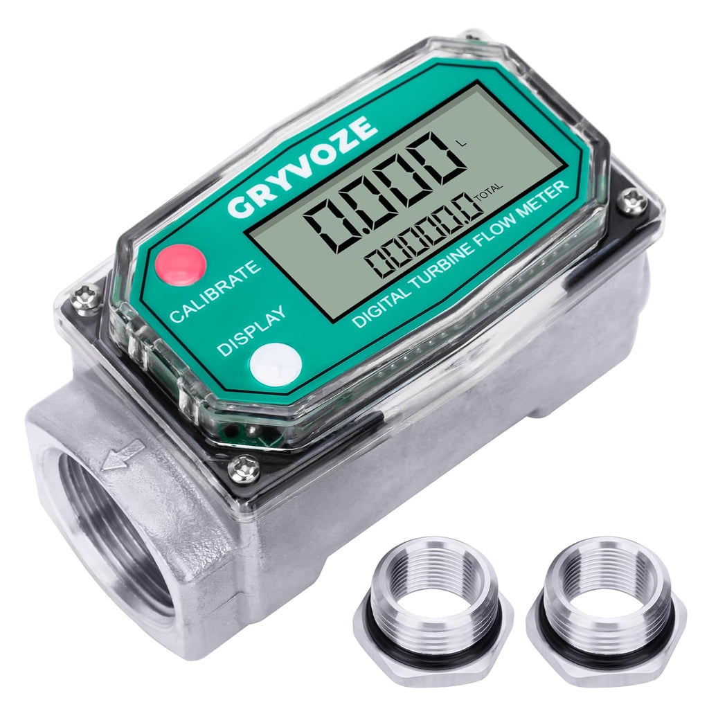 1" Fuel Flow Meter with 3/4" Adapters for Water, Diesel & Gasoline