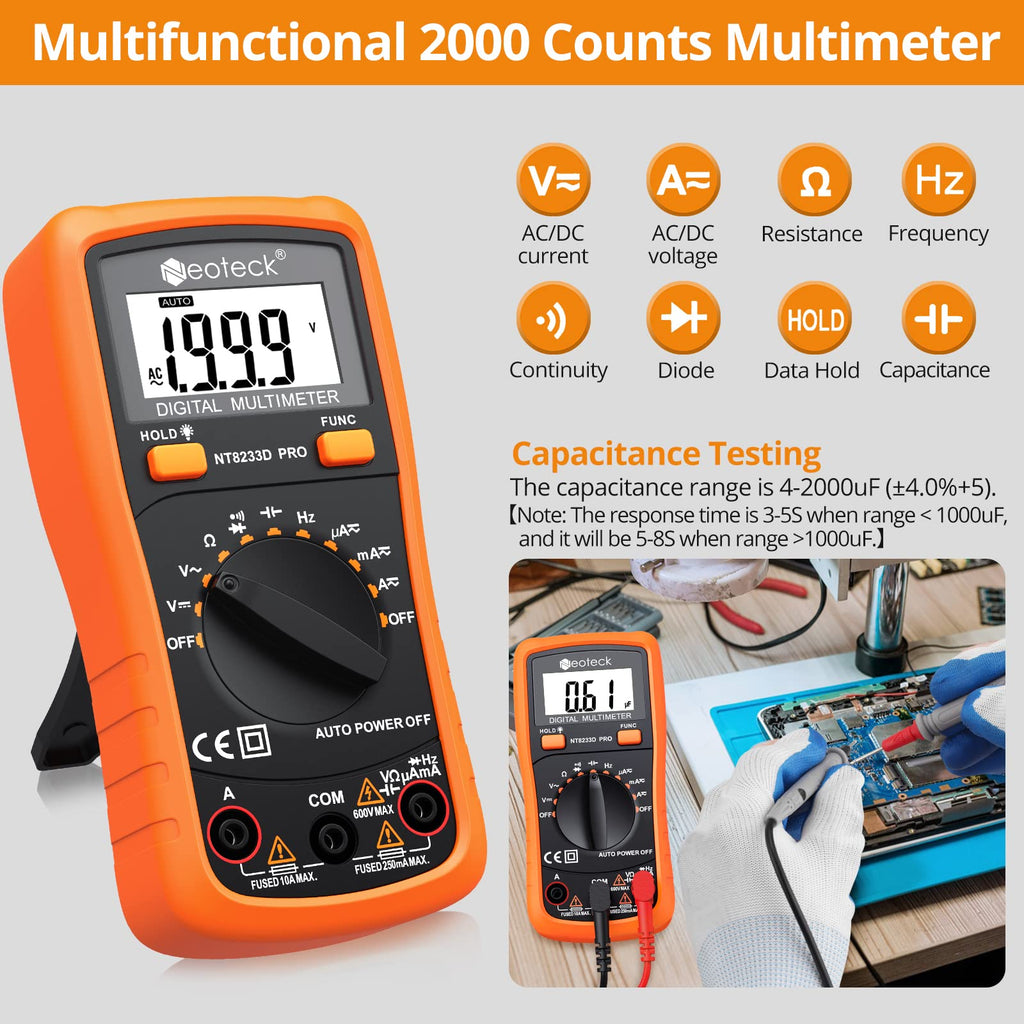 Neoteck Auto-Ranging Digital Multimeter with Backlit LCD,2000 Counts
