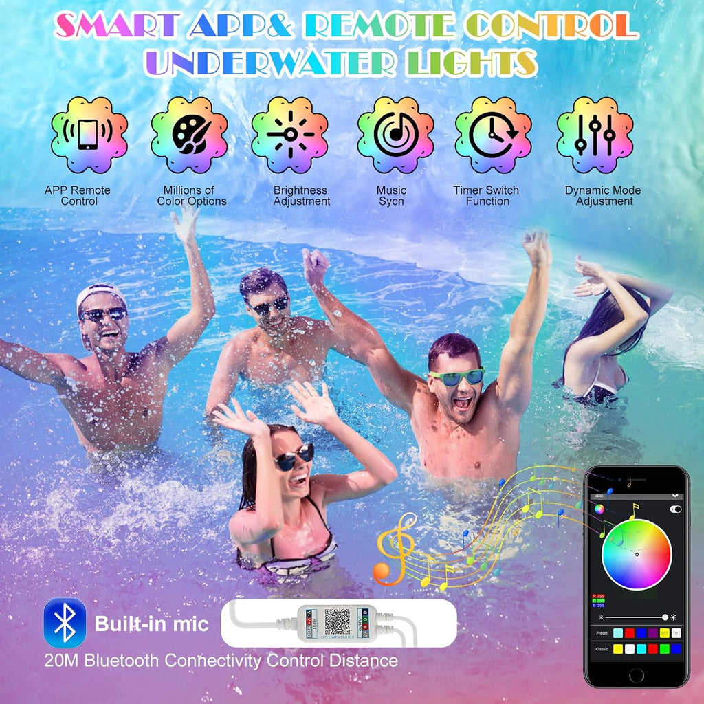 Rechargeable Pool Lights,LED Pool Lights with APP & Remote Control,20W RGB Dimmable Smart Underwater Lights with