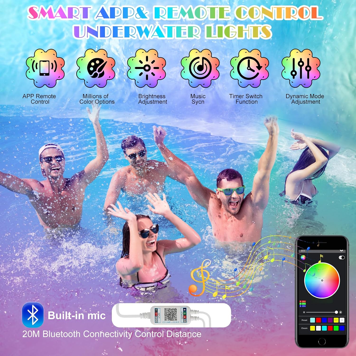 Rechargeable Pool Lights,LED Pool Lights with APP & Remote Control,20W RGB Dimmable Smart Underwater Lights with