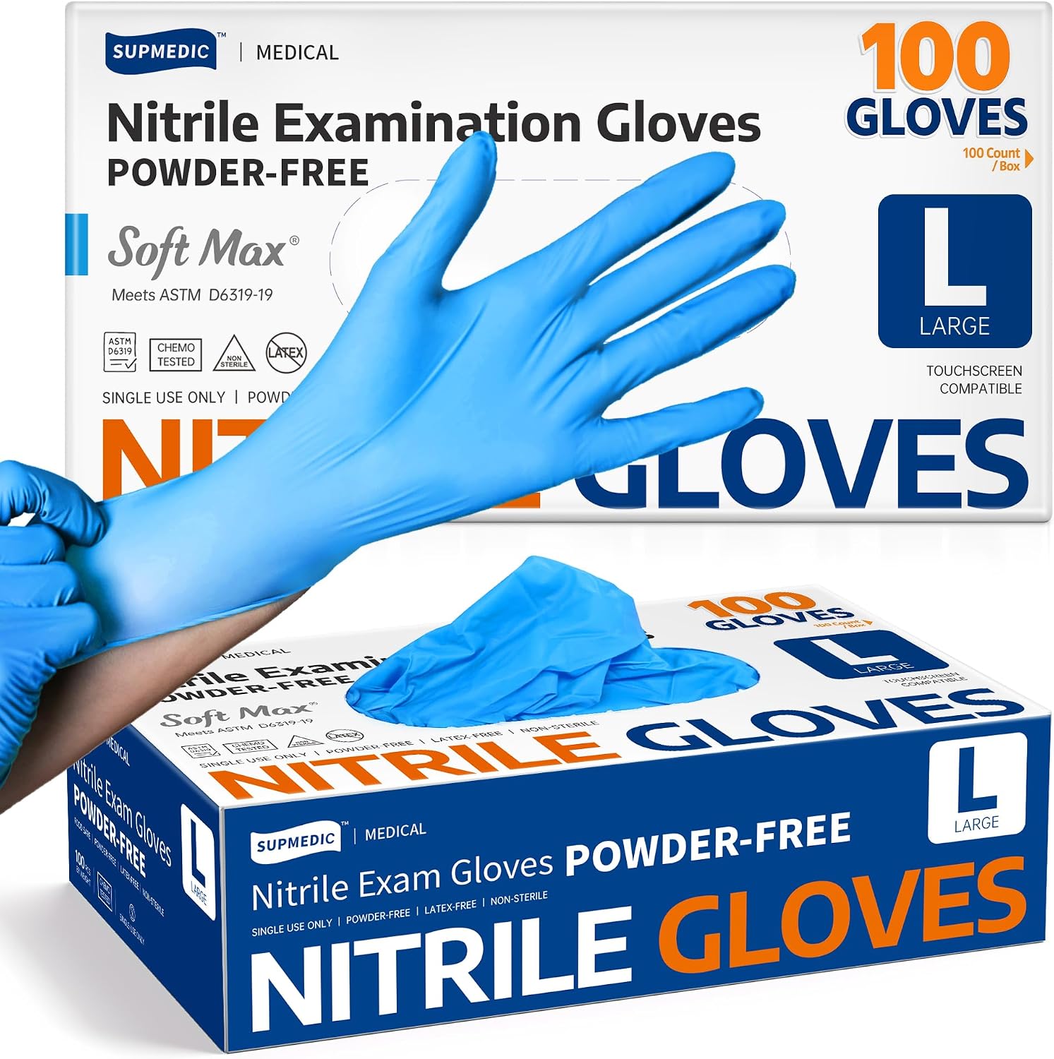 Medical Soft Max Nitrile Exam Gloves Powder-Free Disposable 100 Ct | Soft Stretch Fit • Powder-Free • Latex-Free •