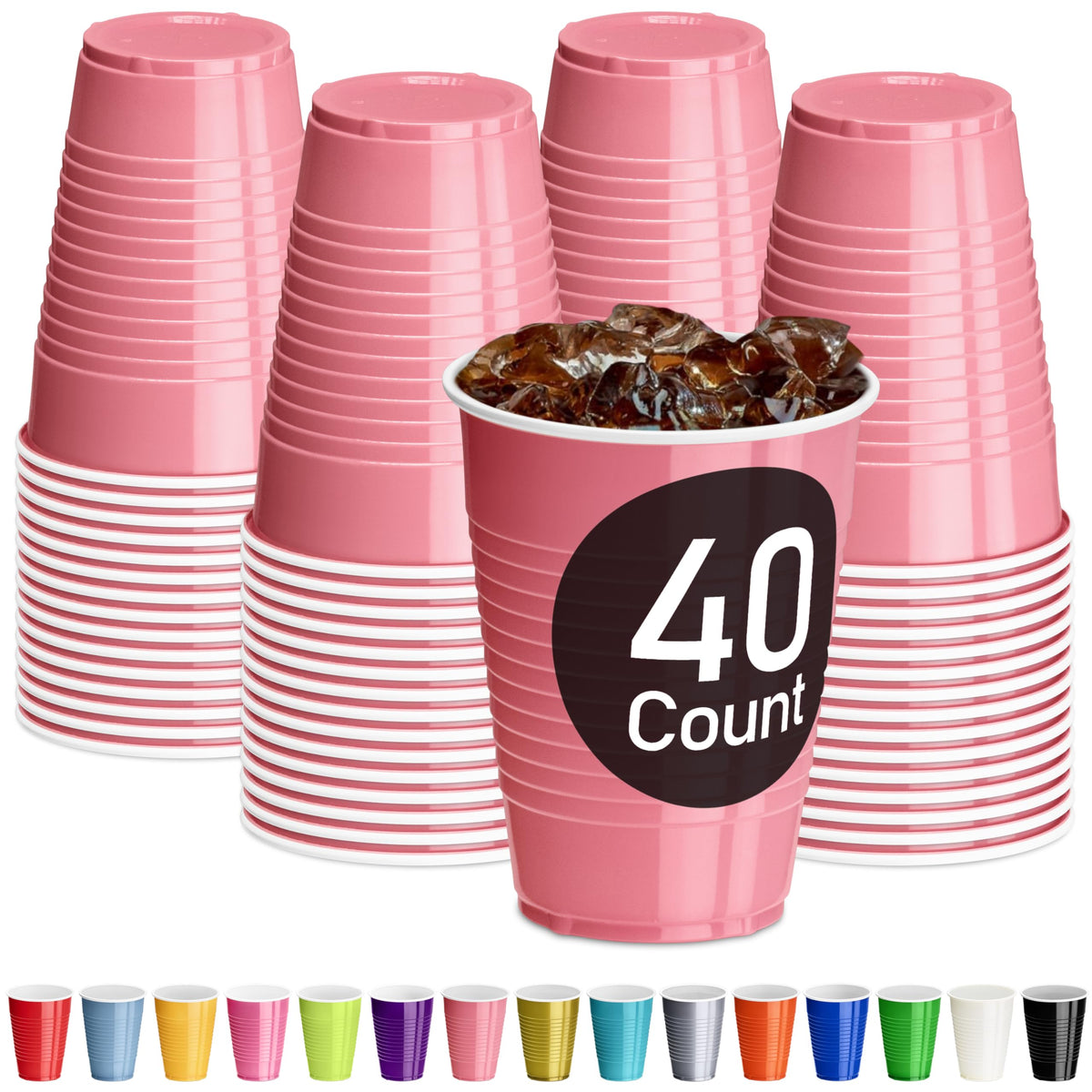 Light Pink Plastic Cups, 12 oz Disposable Cups, Reusable Party Supplies (40 Count)
