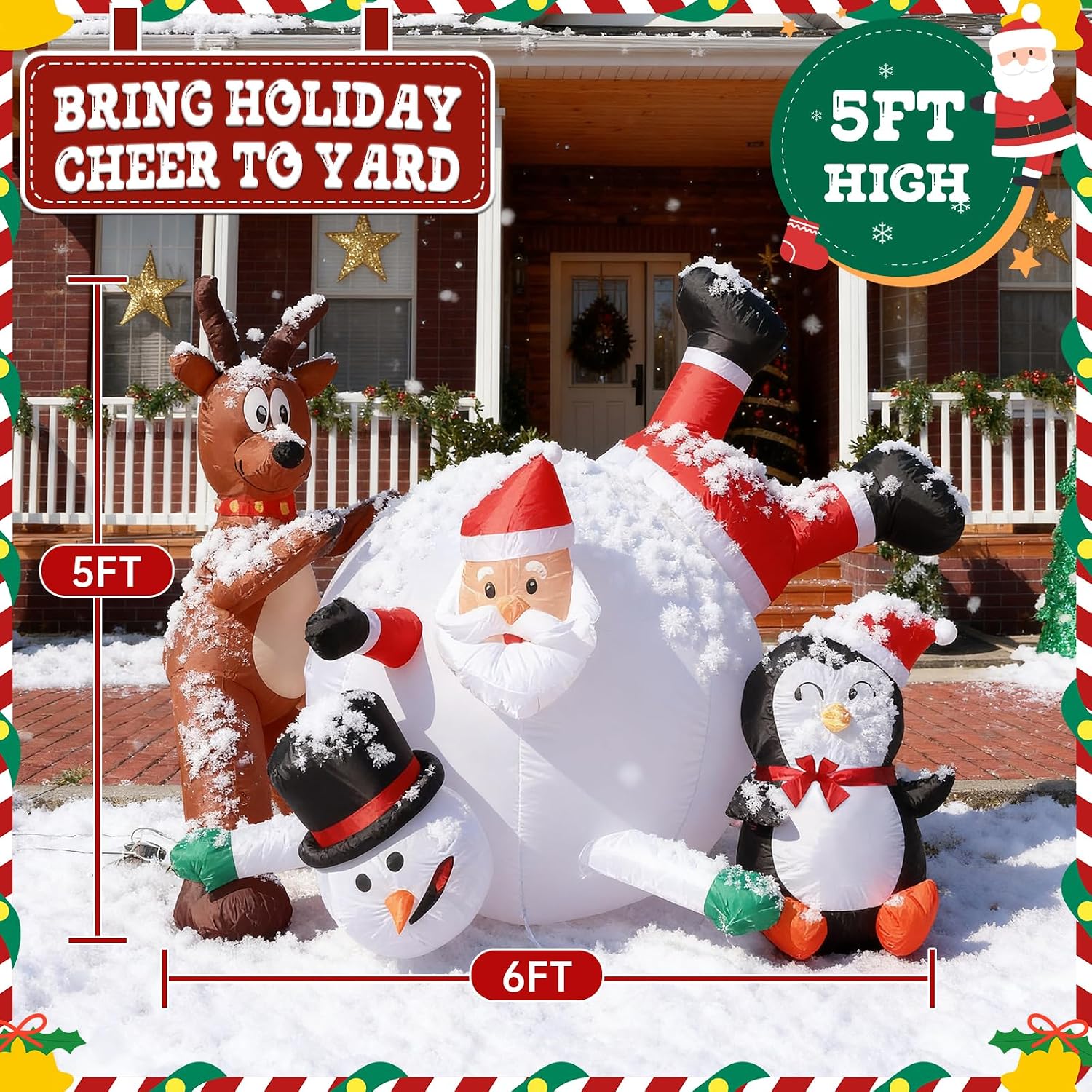 6FT Inflatable Santa Snowball Scene with LED Lights for Yard | Penguin reindeer snowman blow up decorations, Built-in