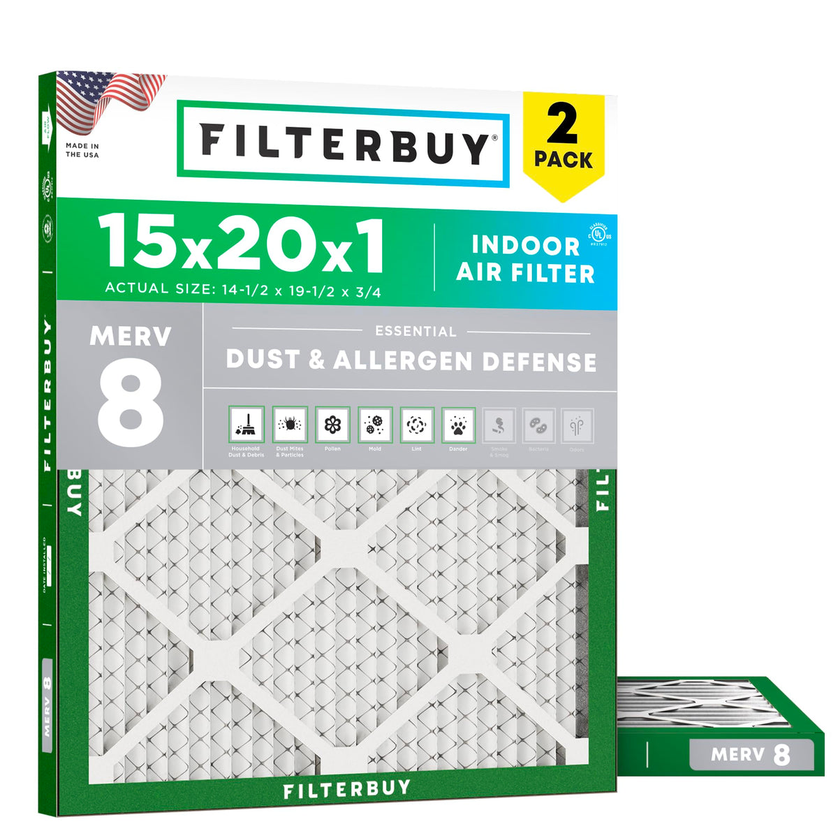 15x20x1 Air Filter MERV 8 Dust & Allergy Defense (2-Pack)