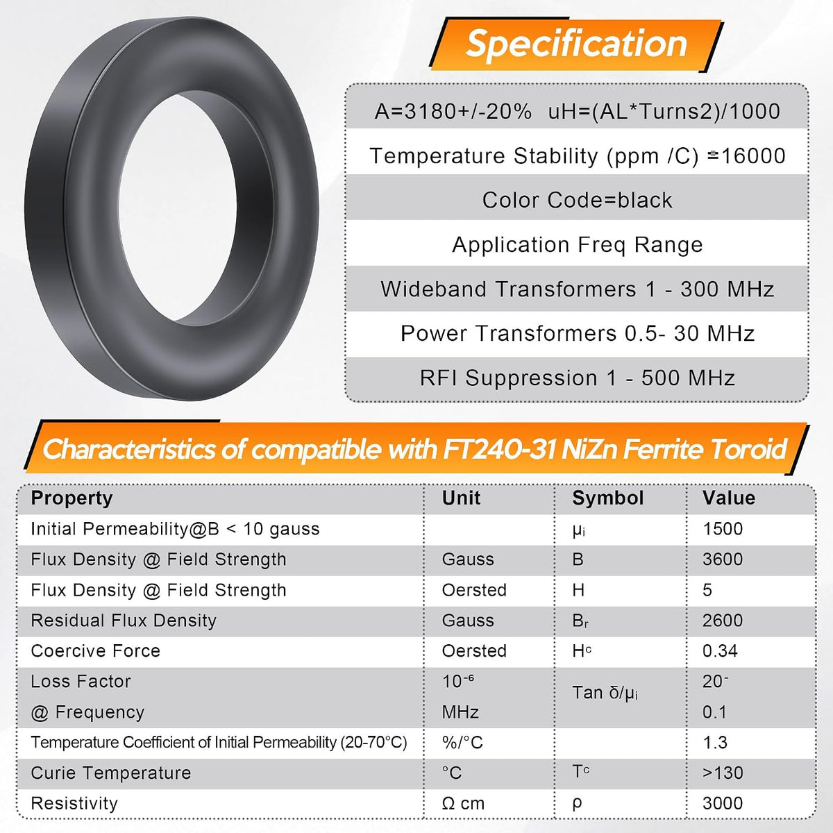 Toroid Ferrite Core, Compatible with FT240-31 Ferrite Ring