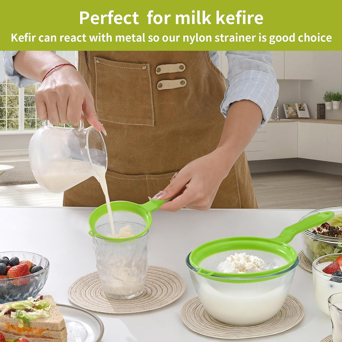 Luckyiren Kefir Strainer Set, 2-Size Plastic Non-Metal Sieve with Fine Mesh