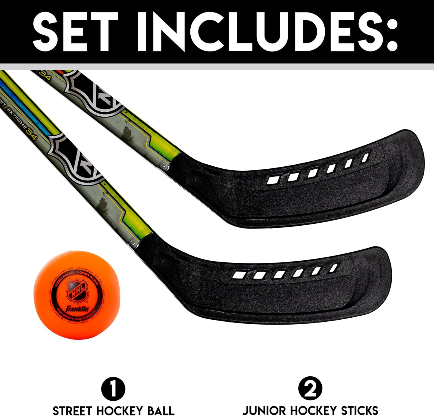 NHL Kids Street Hockey Stick Set - Includes (2) Youth Street Hockey Sticks + (1) Outdoor Roller Hockey Ball - Perfect