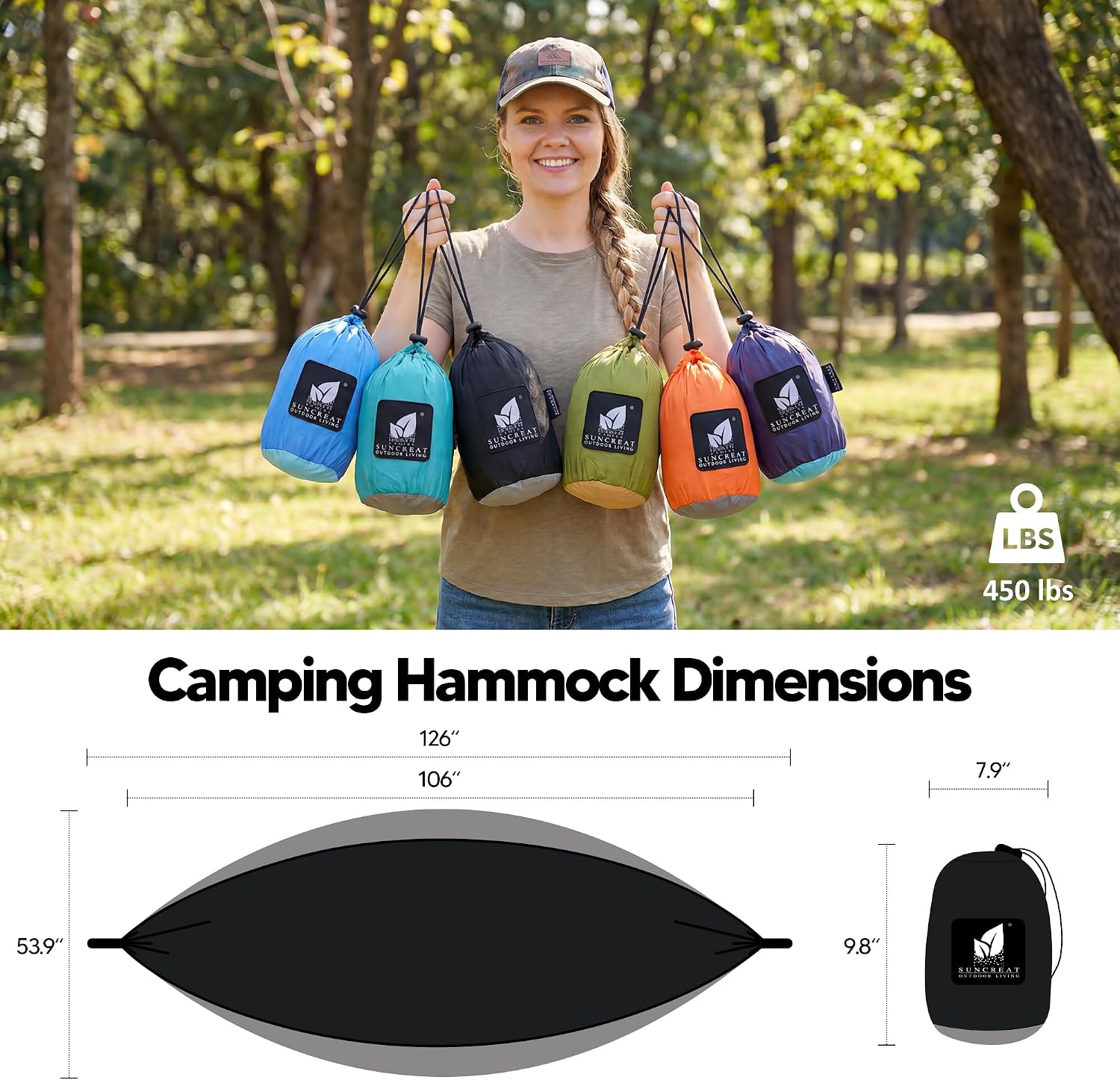 Camping Hammock – up to 450lbs Portable Hammock with Tree Straps - Travel, Backpacking, Hiking, Black