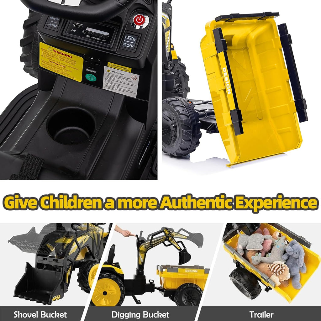 3 in 1 Kids 24V Ride On Tractor, Excavator & Bulldozer, Electric Vehicle w/Trailer, Digger, Shovel Bucket, Remote