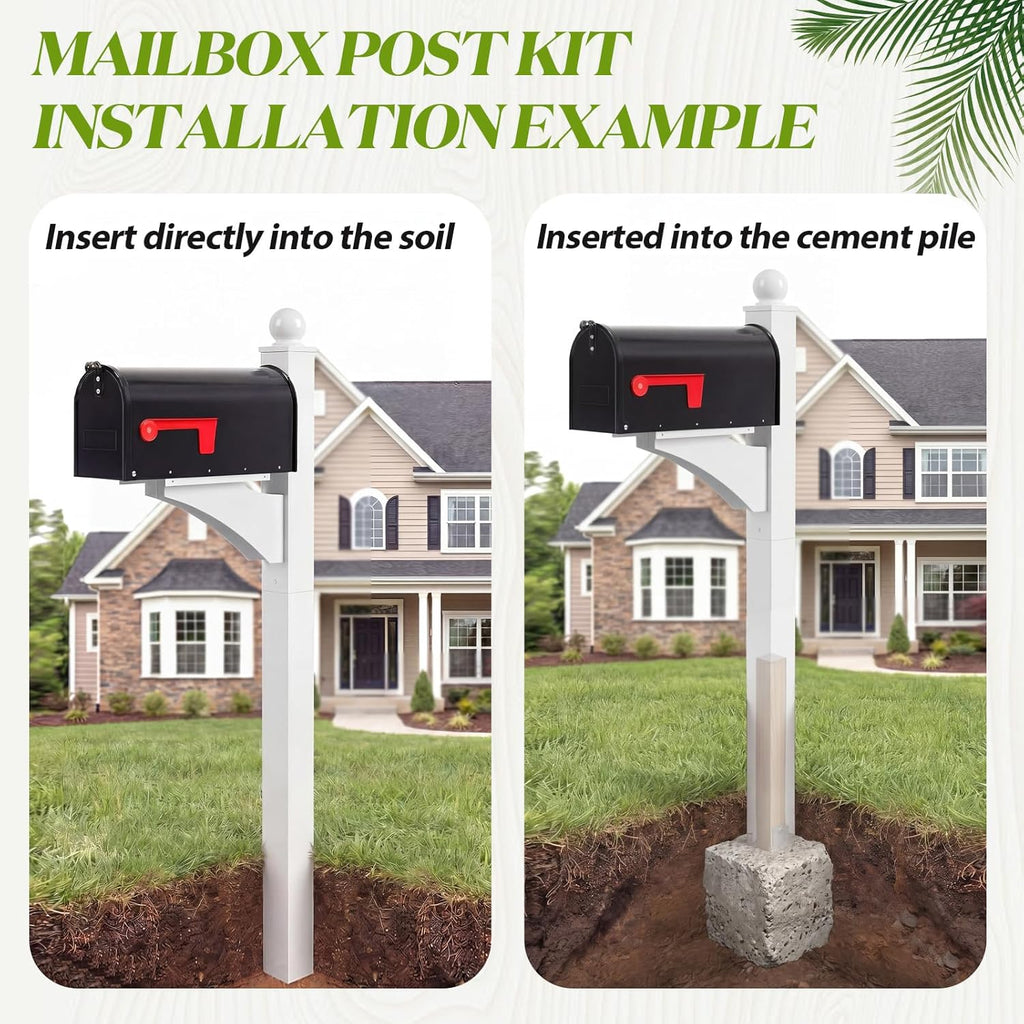 White,Black 1 Set Iron Mailbox Posts with Mailbox for Outside Ground Mounting Post 56 Inch Tall Heavy Duty