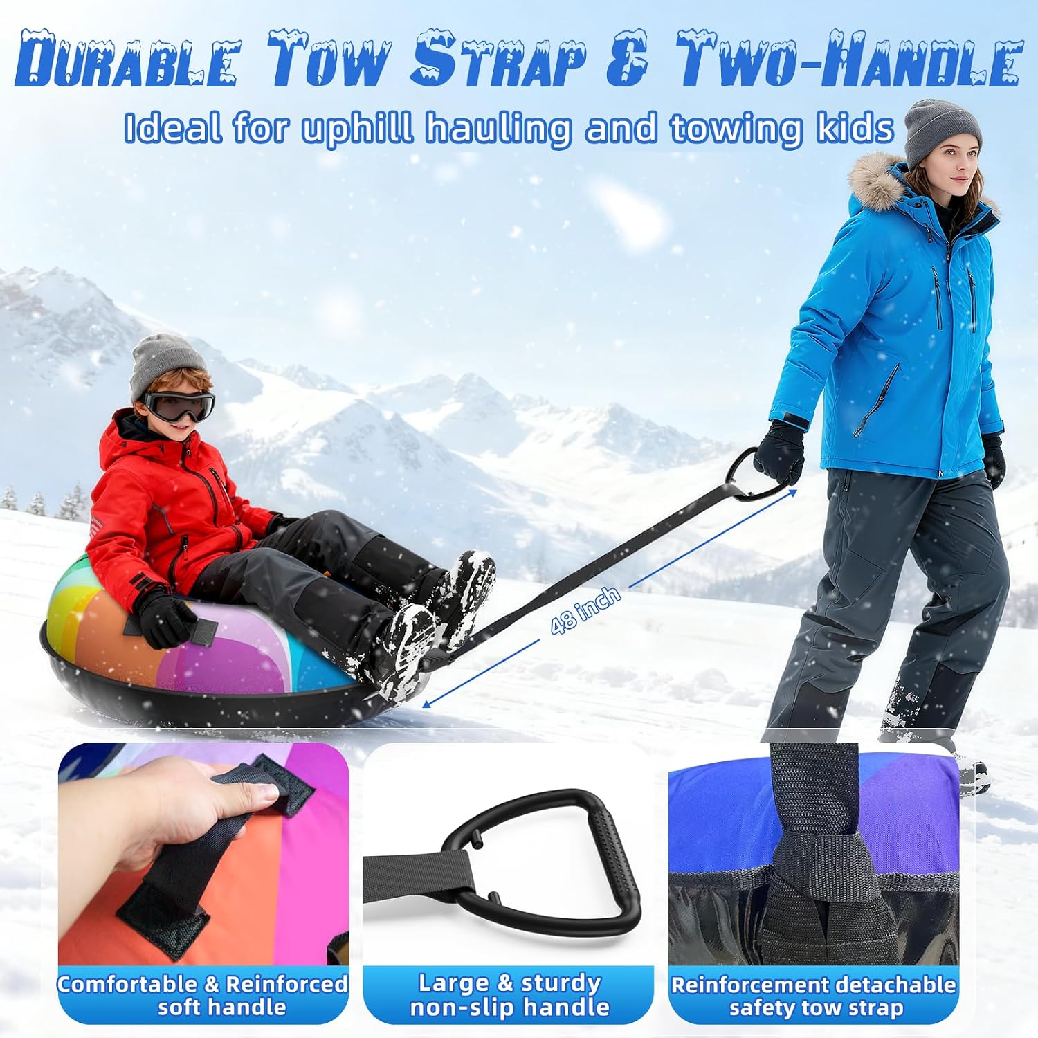 Snow Tube Sled, Snow Tubes for Sledding Heavy Duty with Premium Canvas Cover, 48" Inflatable Snow Sled for Kids and