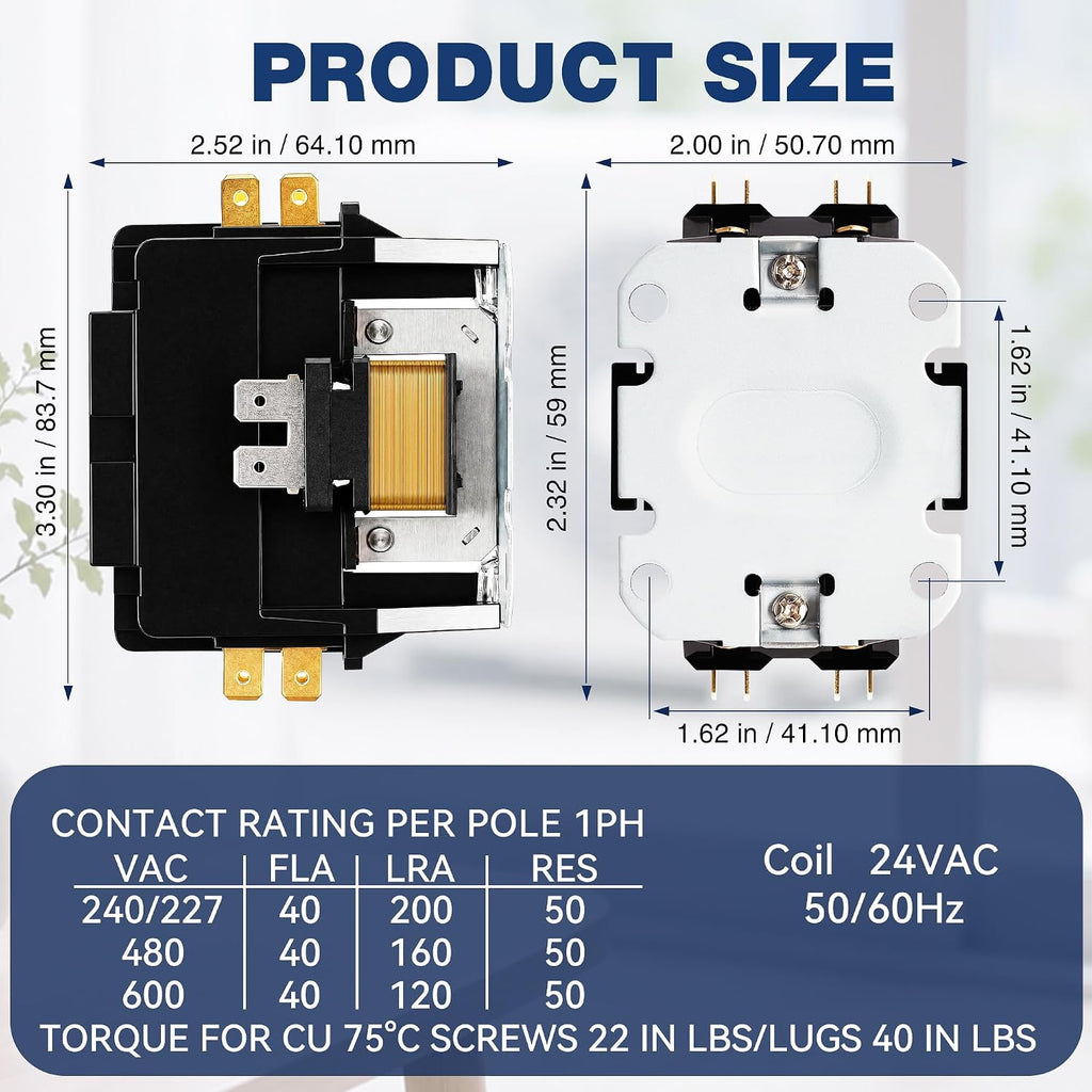 24V Coil 40A 2 Pole Air Conditioner Replacement Compressor Contactor