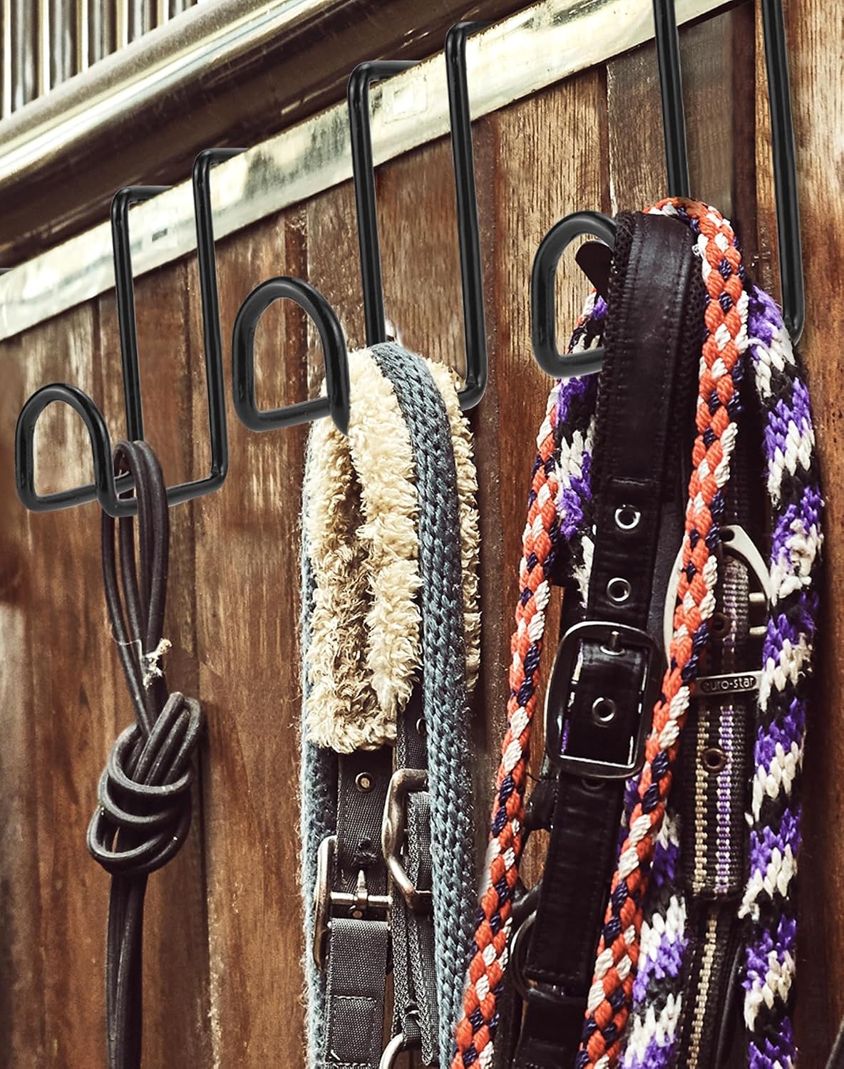 4 Inch Tack Hook Set - 4 Pack Heavy Duty Black Horse Halter Rack, Over Rail Bridle Hooks Anti-Rust Coated Metal Hooks