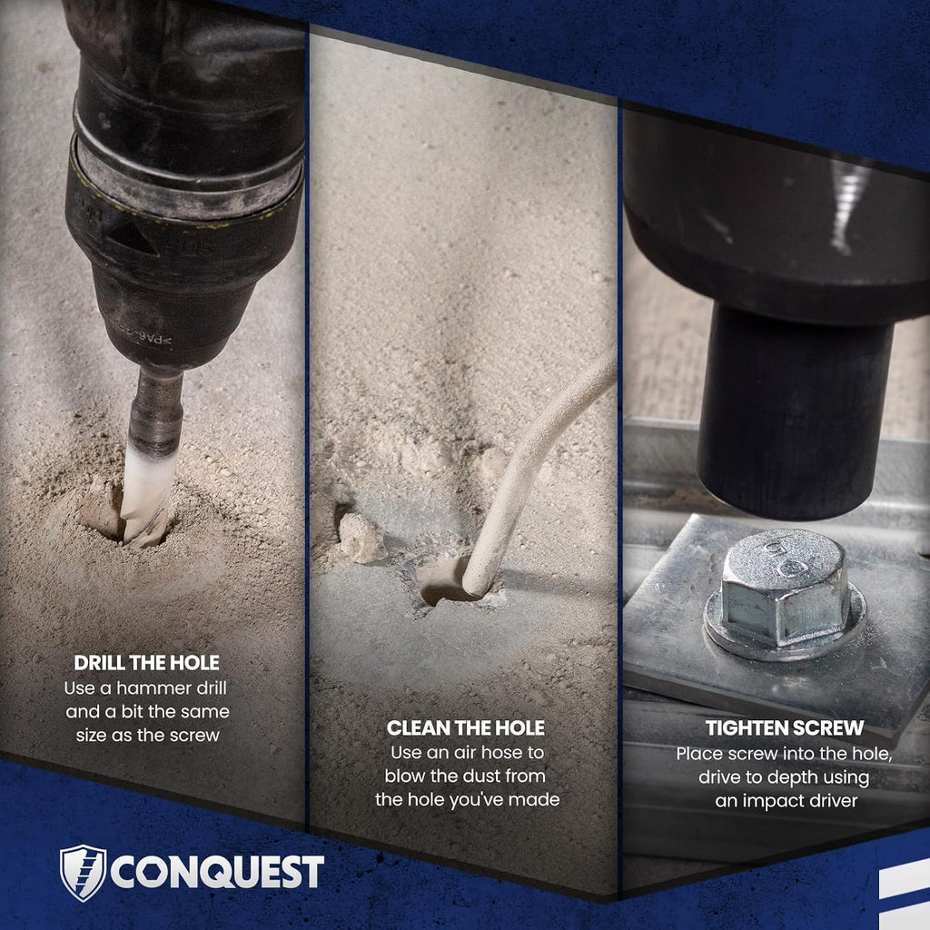 Conquest 3/8” x 6” Galvanized Large Diameter Concrete Screws (50-Pack), High-Strength Carbon Steel Concrete Anchor