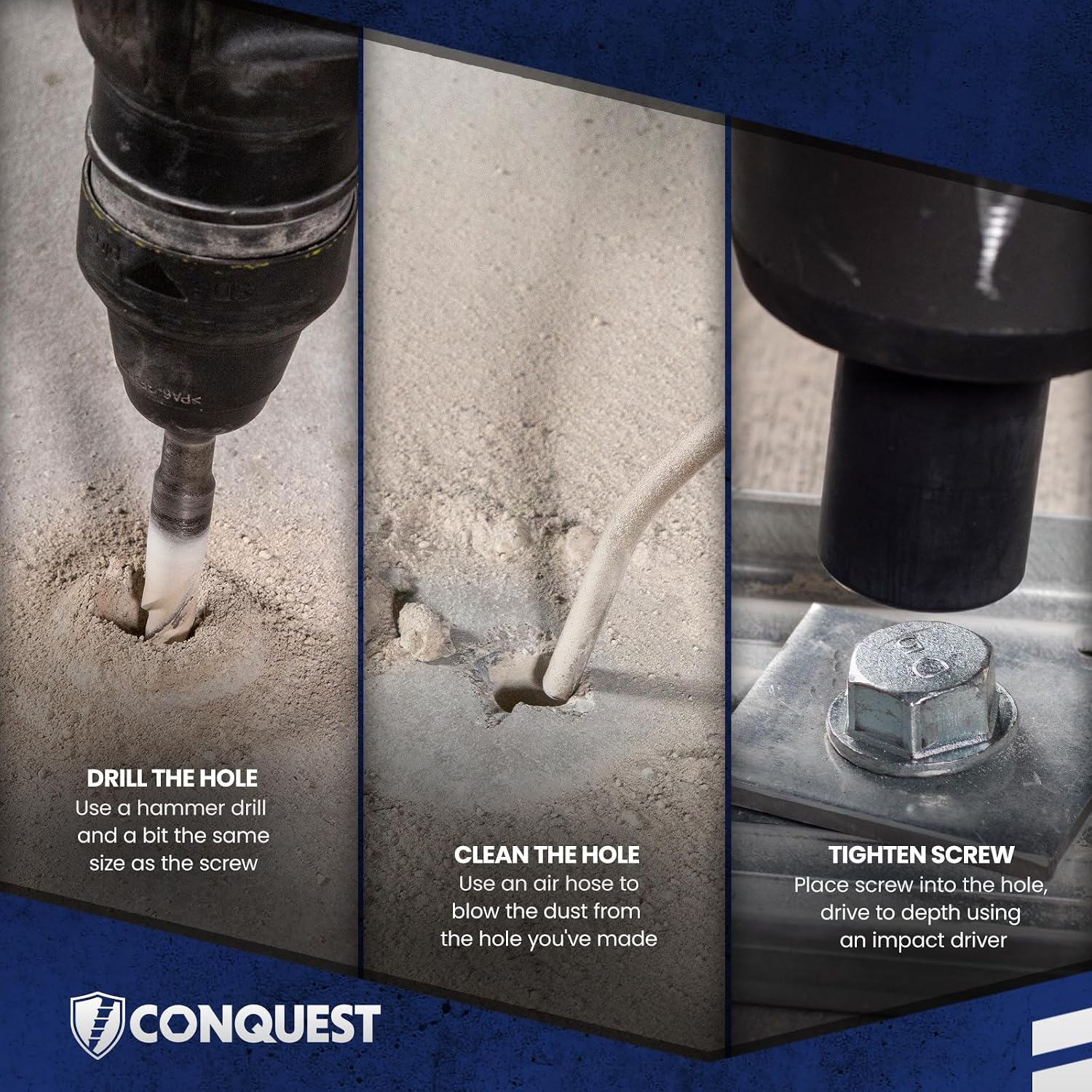 Conquest 3/8” x 6” Galvanized Large Diameter Concrete Screws (50-Pack), High-Strength Carbon Steel Concrete Anchor