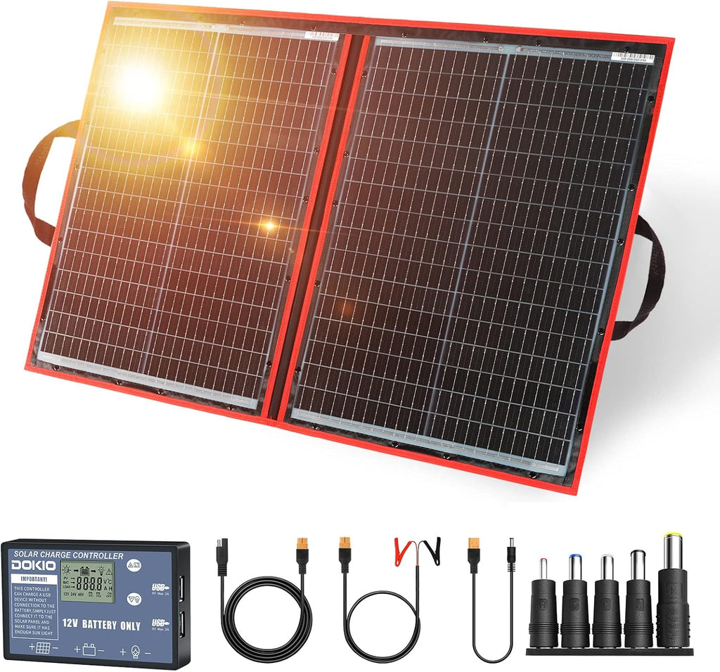 100W Portable Foldable Solar Panel Kit with Charge Controller | Folds to 18.9 x 26 in and weighs 5.3 lb; USB ports;