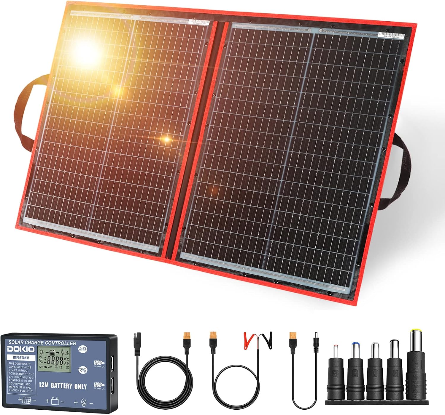 100W Portable Foldable Solar Panel Kit with Charge Controller | Folds to 18.9 x 26 in and weighs 5.3 lb; USB ports;