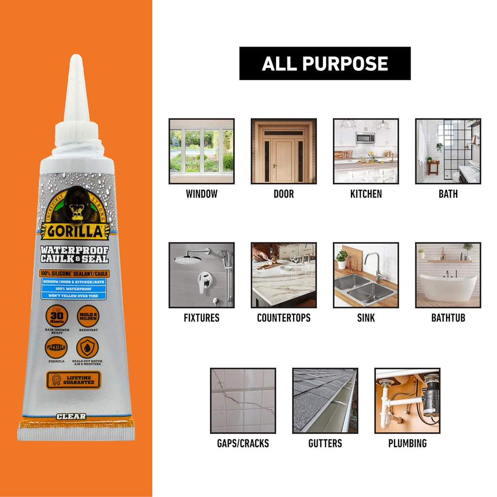 100% Silicone Caulk, 2.8 oz, 10 Year Mold Resistant, Clear, 2-Pack