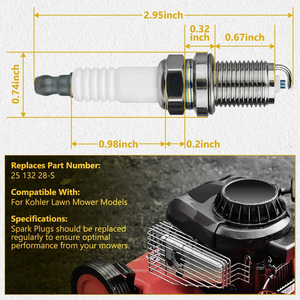 Replacement 25 132 28-S Spark Plug for Kohler Lawn Mower Models
