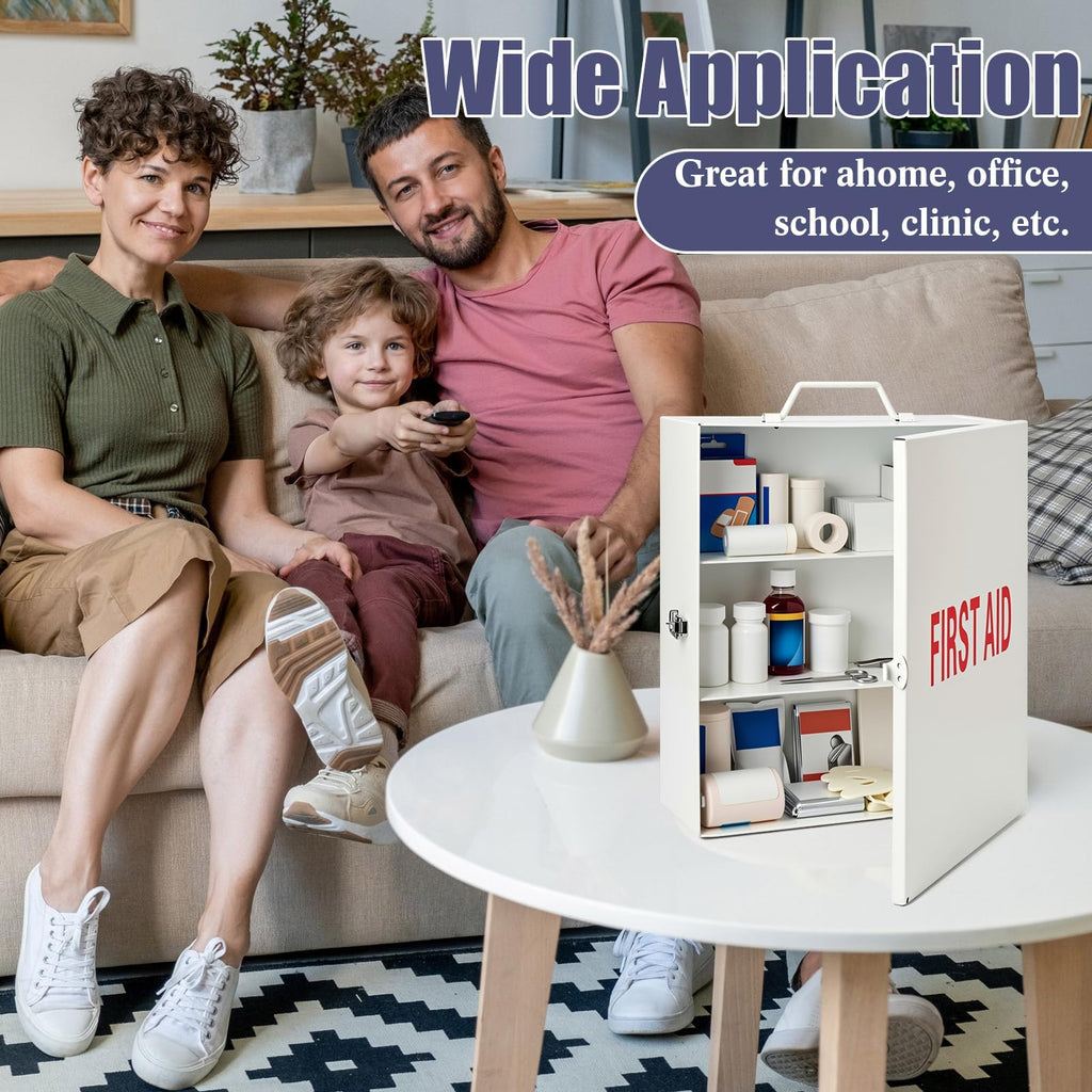 First Aid Kit with Lock 3 Shelf Wall Mount Medicine Cabinet White