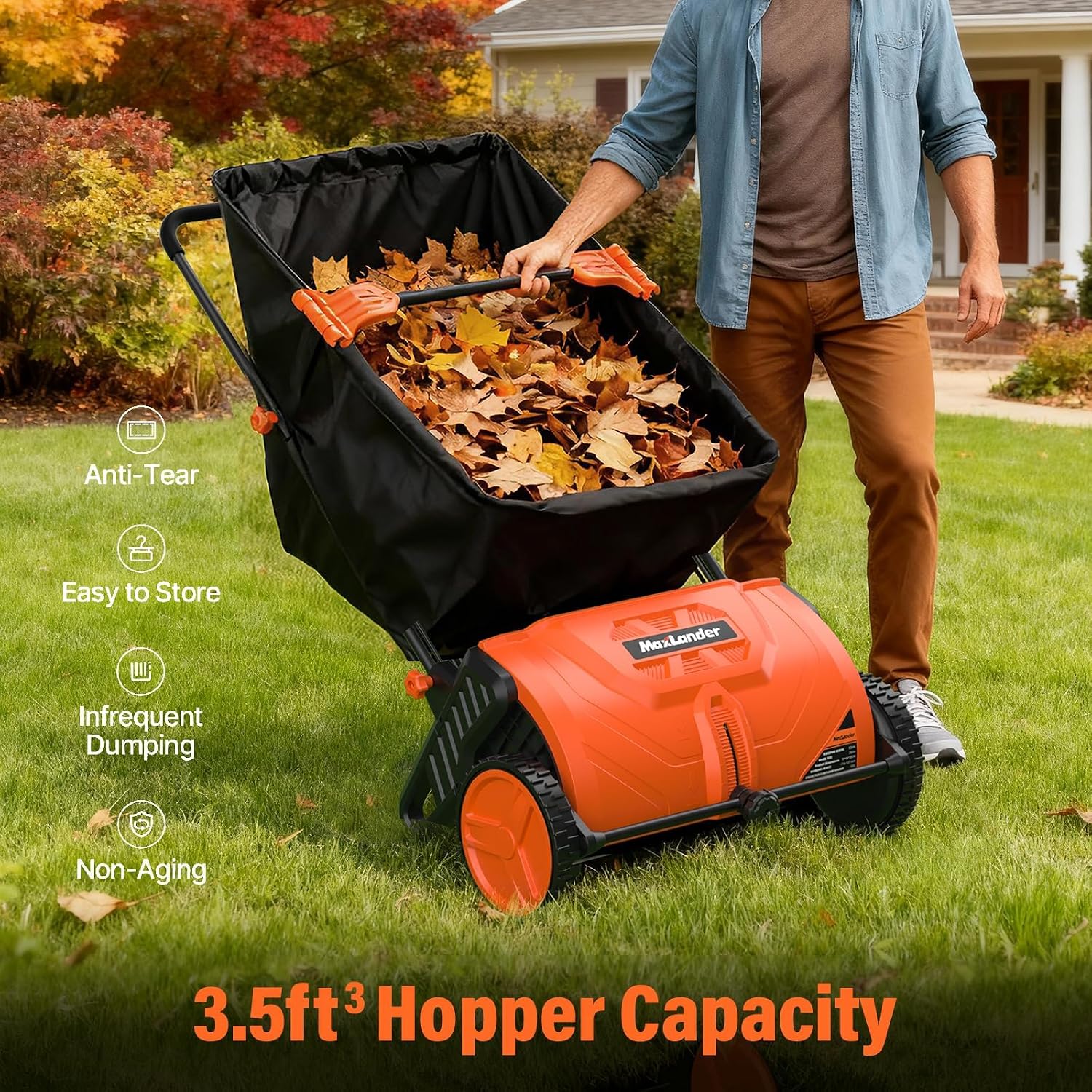 21-Inch Push Lawn Sweeper, Manual Yard Leaf Sweeper with Adjustable Height and 3.5 Cu. Ft. Large Hopper, Walk-Behind