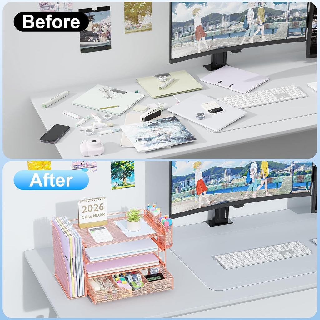 Desk Organizers and Accessories with File Holder, 4-Tier Desk Accessories & Workspace Organizers with Drawer and 2