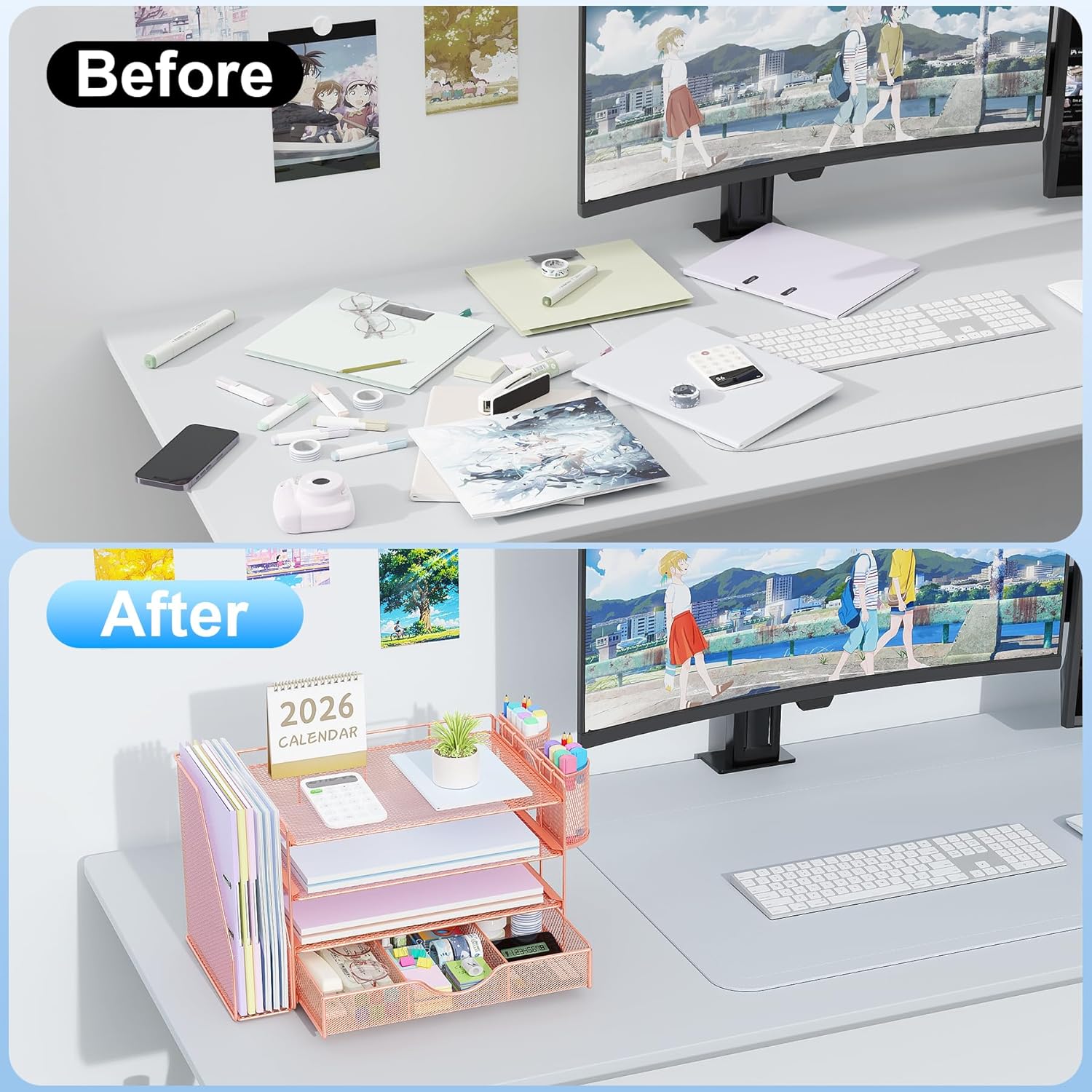 Desk Organizers and Accessories with File Holder, 4-Tier Desk Accessories & Workspace Organizers with Drawer and 2