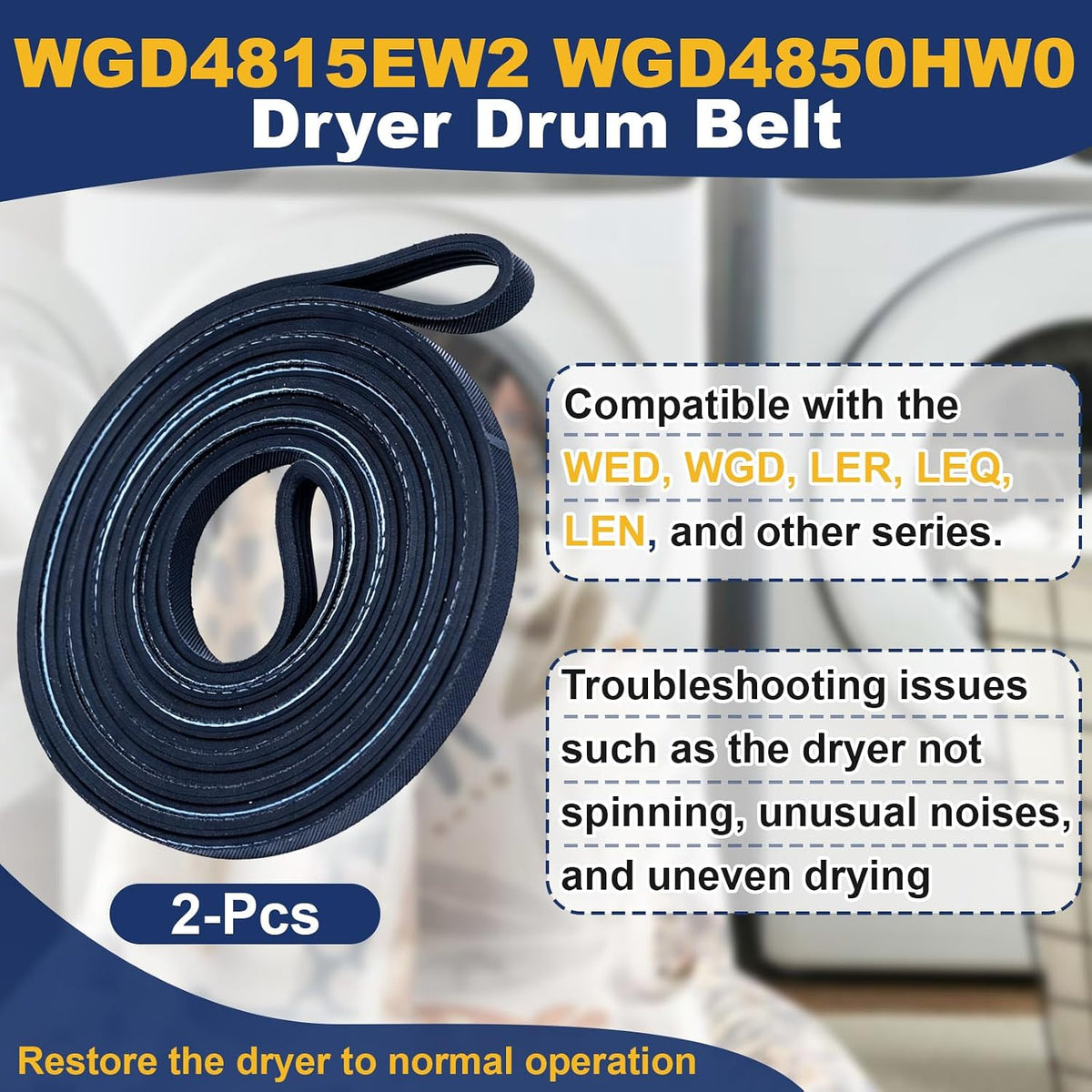 2-Pack Replacement Dryer Belt, Compatible With WED4815EW1, 92.25" 4-Rib