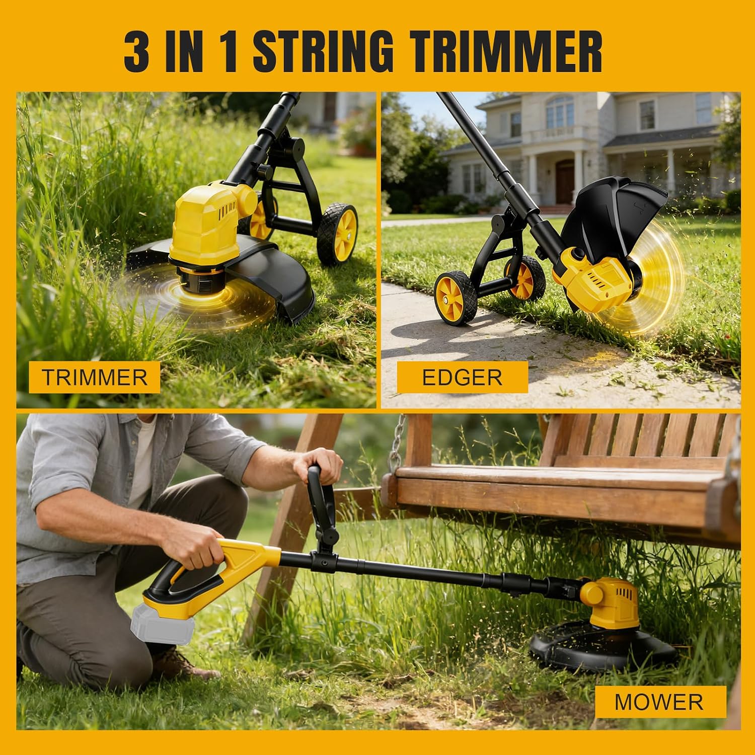3 in 1 Cordless String Trimmer Compatible with Dewalt 20V Battery (NO Battery), 14" Electric Weed Wacker with Wheel