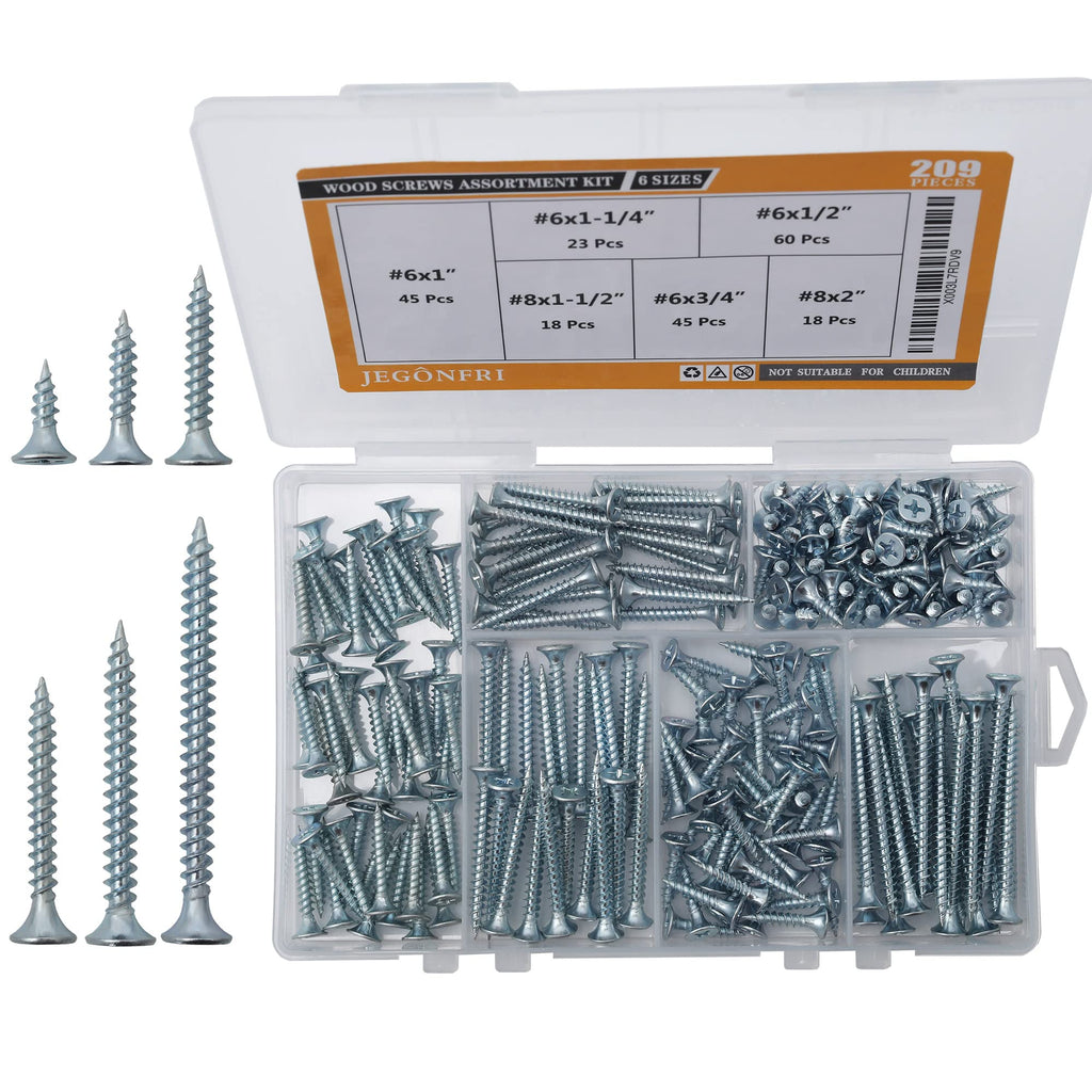 209PCS Wood Screw Assortment Kit, 6 Sizes Flat Head Phillips