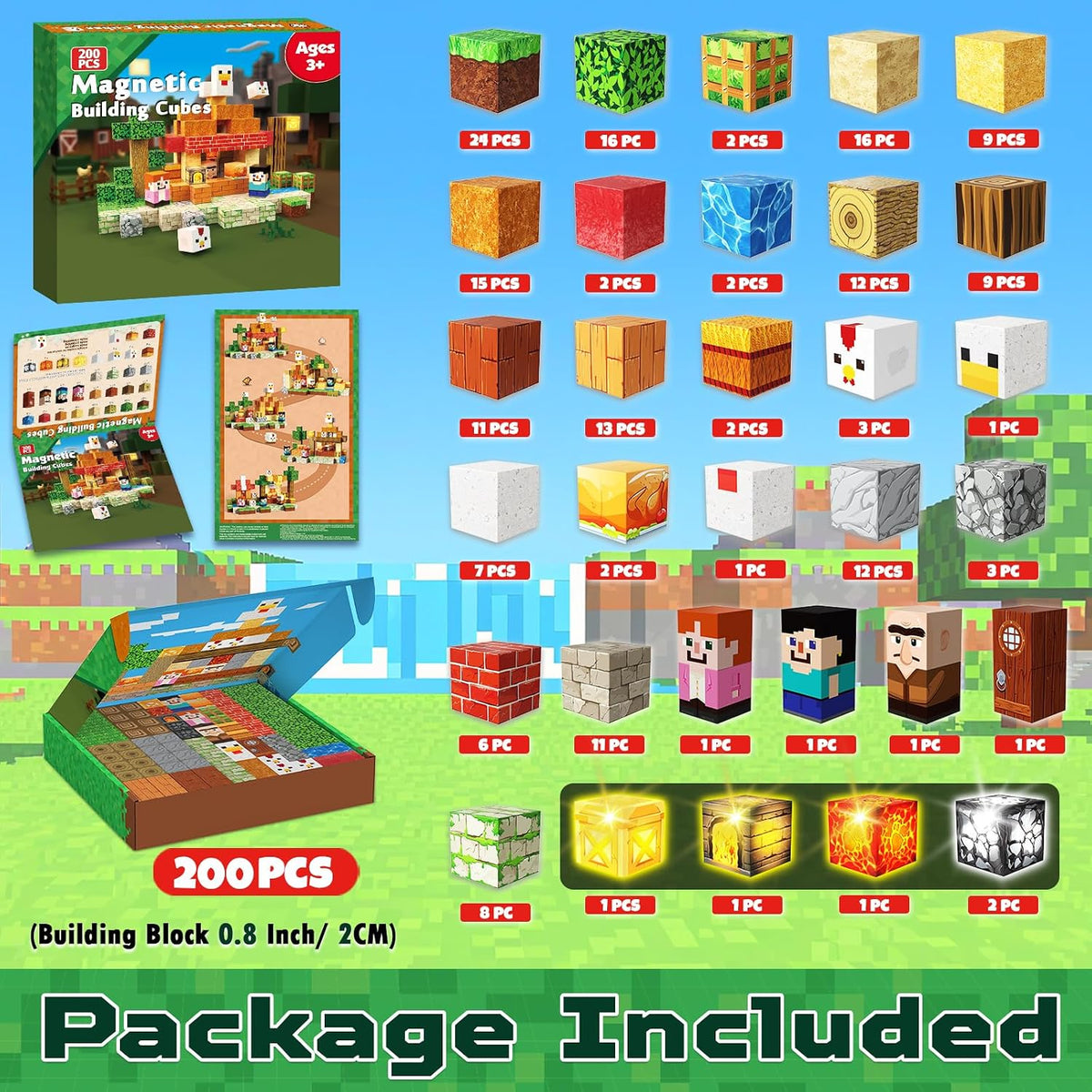 200PCS Magnetic Blocks with Light-Up Blocks, Magnet Building Blocks, Stacking Magent Cubes, STEM Montessori