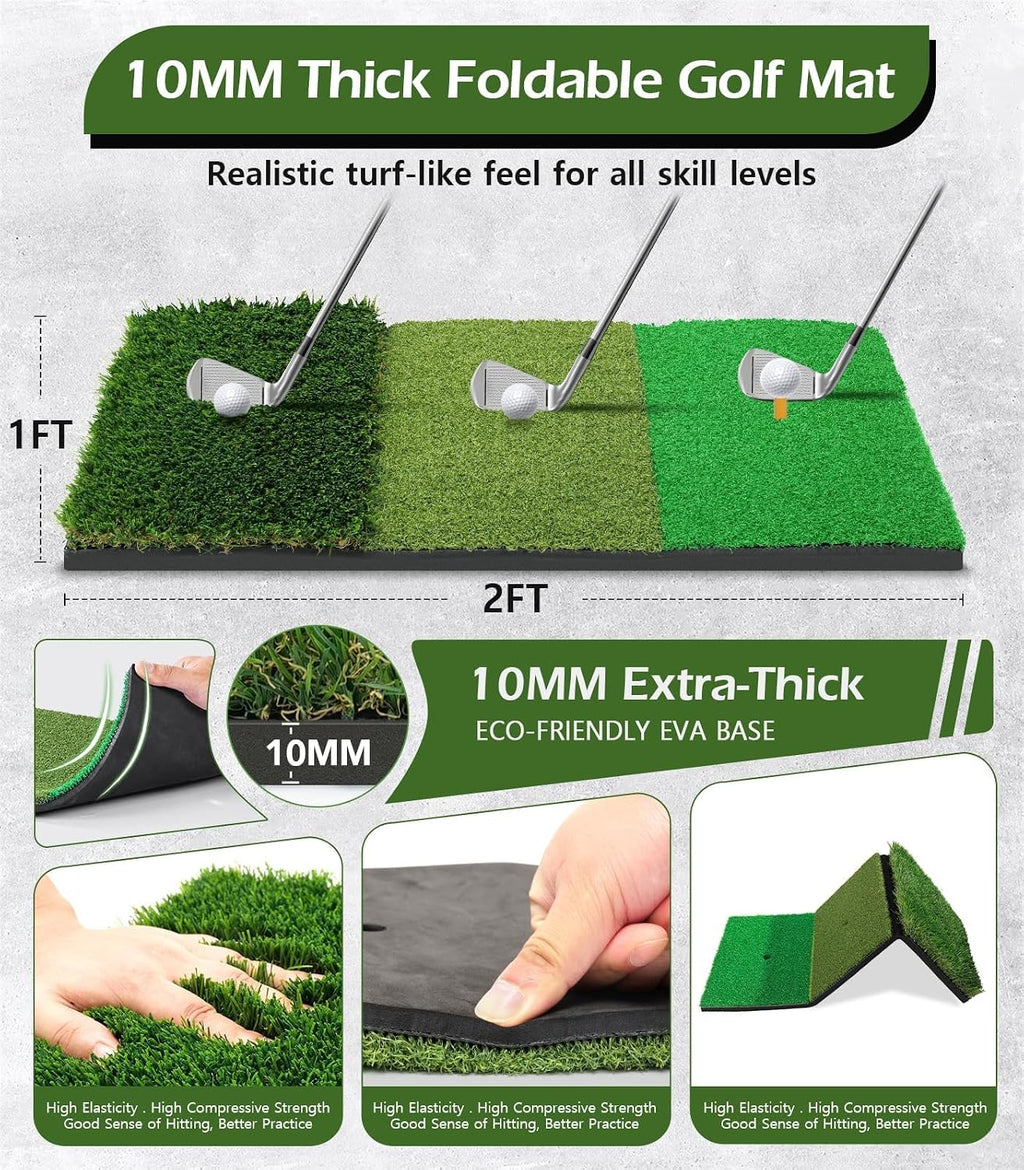 Golf Net, 10x7FT Home Golf Hitting Aids Equipment with Foldable Tri-Turf Mat for Backyard Driving Chipping Swing with