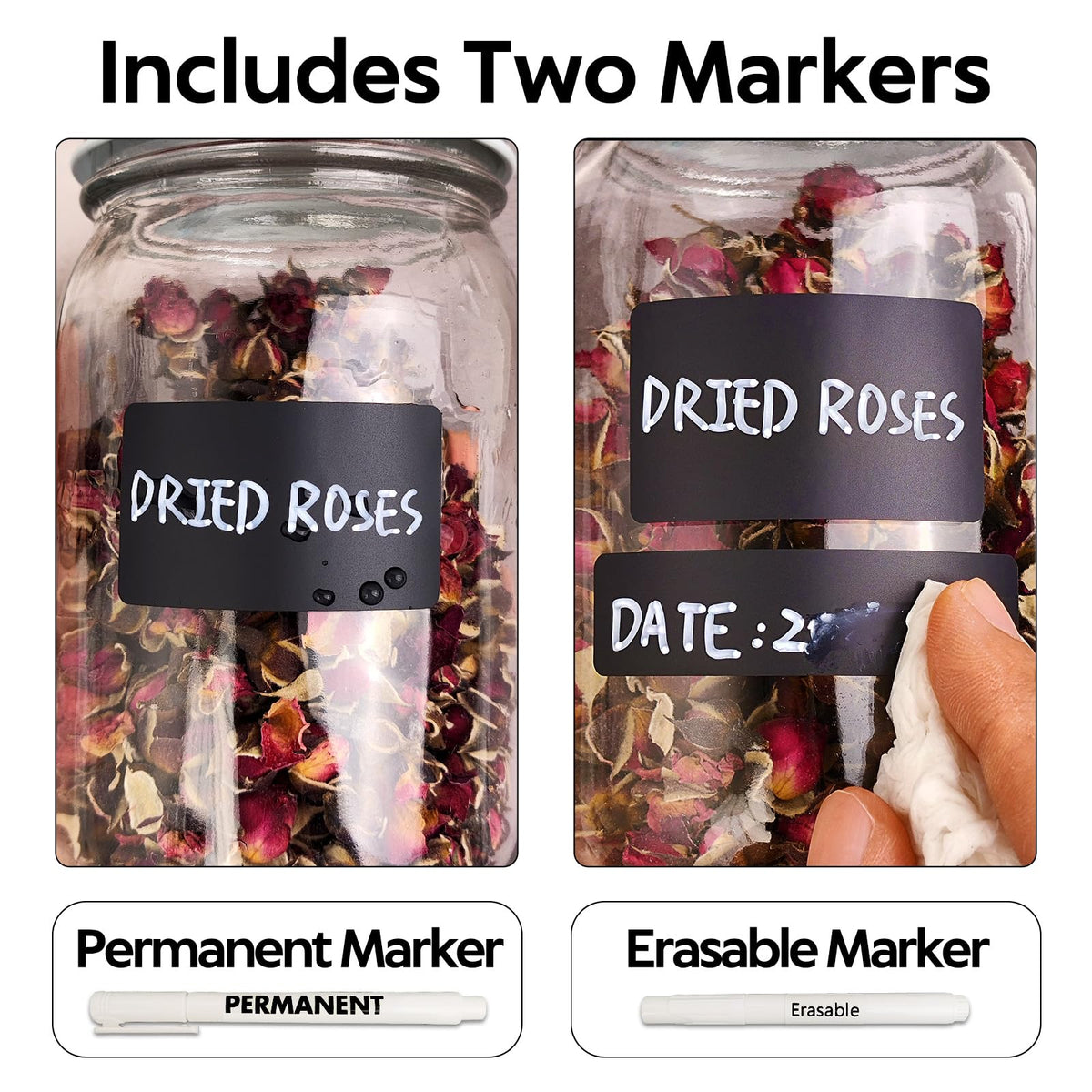 170Pcs Black Removable Labels for Jars with 2 Liquid Chalk Marker