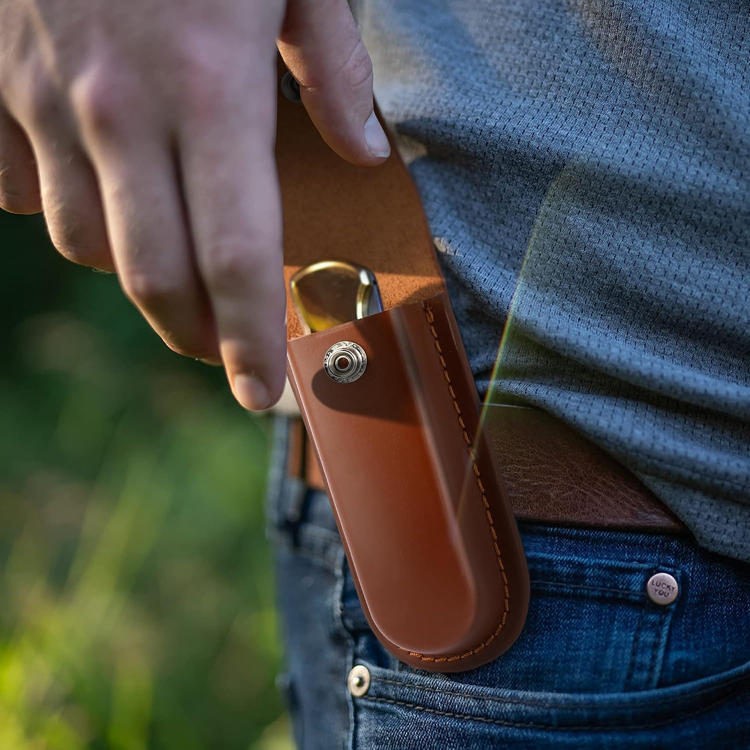 Leather Pocket Knife Sheath for 5-Inch Folding Knives | Brown durable multitool holster with snap closure and belt