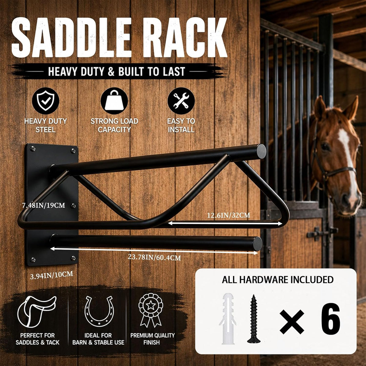 6 Pack Rust Resistant Wall Saddle Rack with Pad for Western Style Saddles,Black