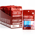 Travel Bandage Pack | 24 Individual Packets, Bulk Portable Mini First Aid Kit with 20 On-the-Go Essentials | Compact