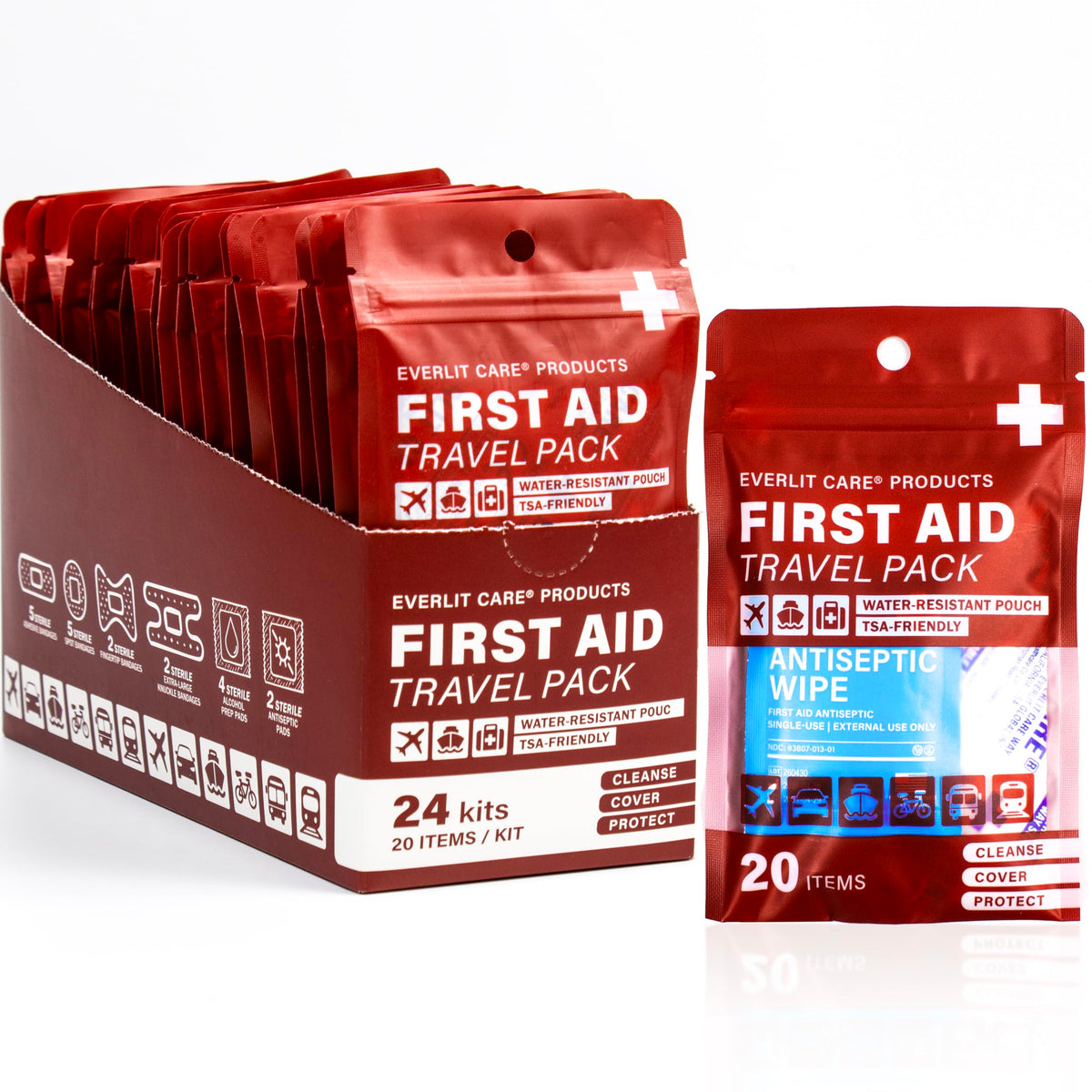 Travel Bandage Pack | 24 Individual Packets, Bulk Portable Mini First Aid Kit with 20 On-the-Go Essentials | Compact