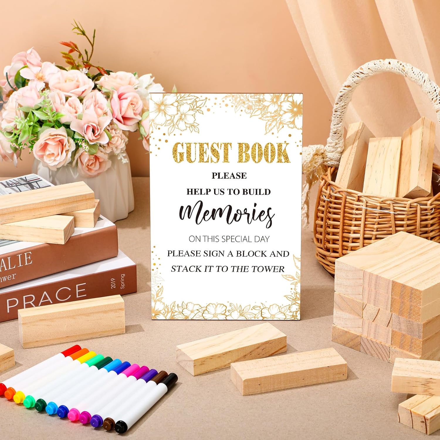 80 Pcs Wedding Guest Book Alternative Wooden Block Guest Book for Wedding Sign in Bridal Shower Decoration 54 Pcs
