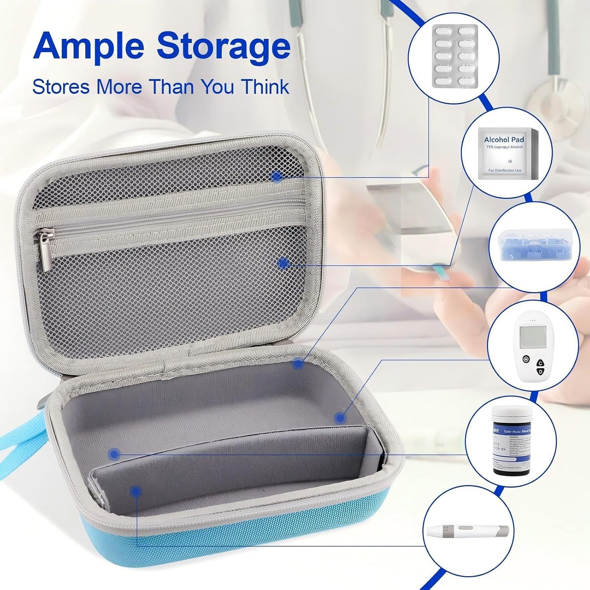 Diabetic Supplies Travel Case, EVA Hard Shell Carrying Bag for Blood Glucose Meter and Testing Kit Accessories, Daily
